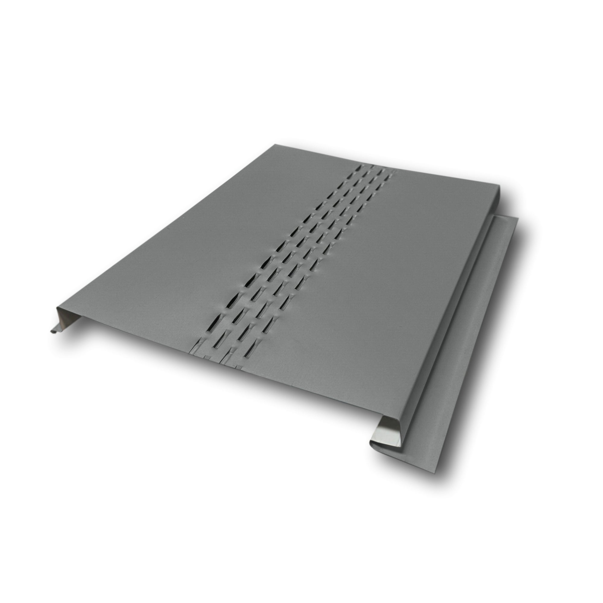 A Painted Steel Vented Soffit Panel on a white background. The Soffit Panel is Charcoal Gray in color.