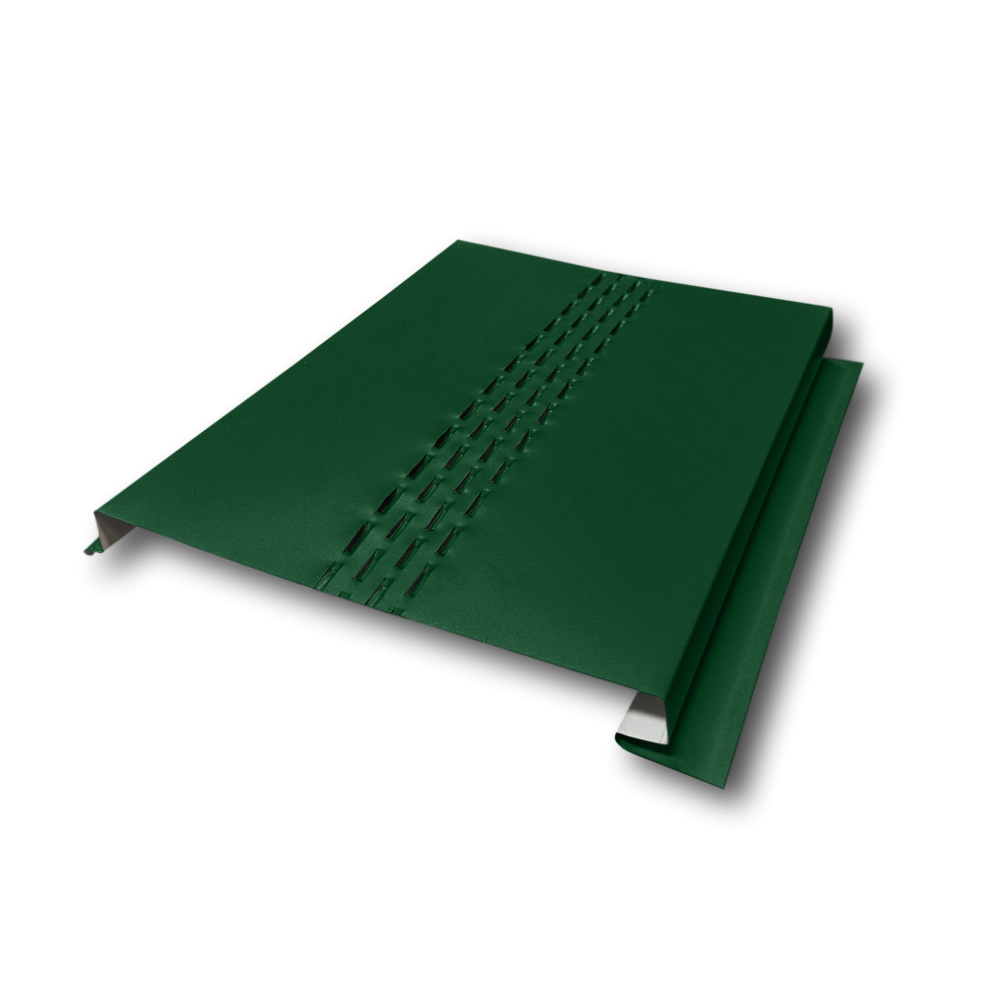 A Painted Steel Vented Soffit Panel on a white background. The Soffit Panel is Forest Green in color.