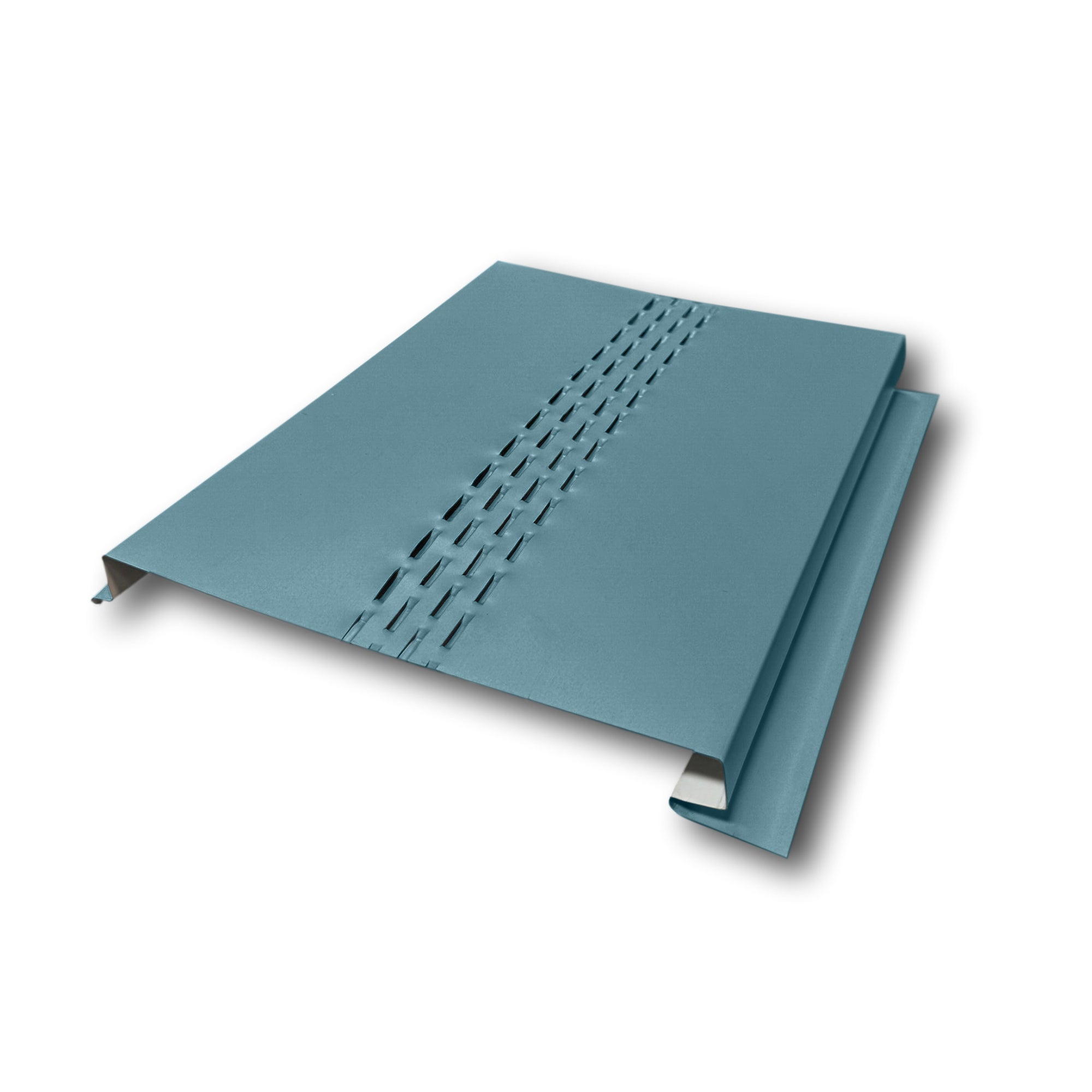 A Painted Steel Vented Soffit Panel on a white background. The Soffit Panel is Hawaiian Blue in color.