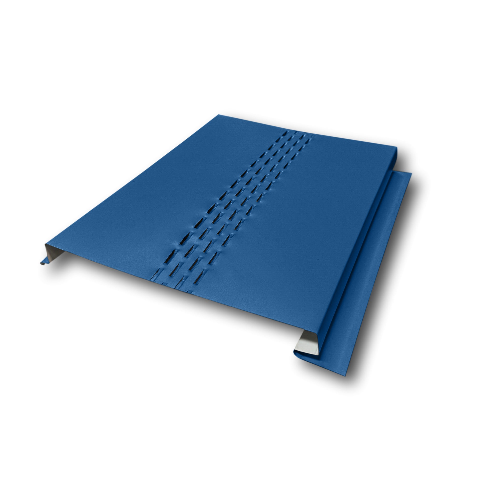 A Painted Steel Vented Soffit Panel on a white background. The Soffit Panel is Regal Blue in color.