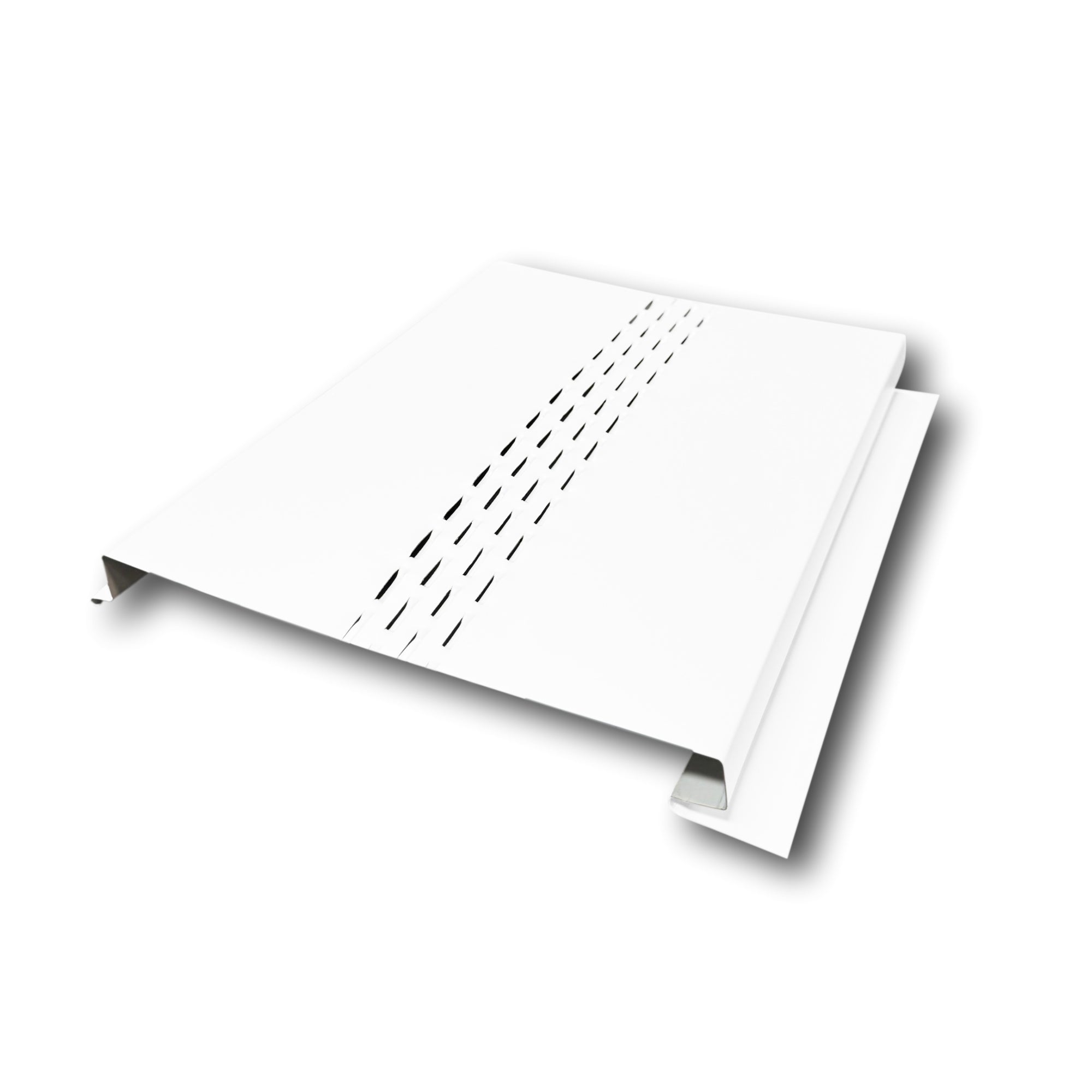 A Painted Steel Vented Soffit Panel on a white background. The Soffit Panel is White in color.