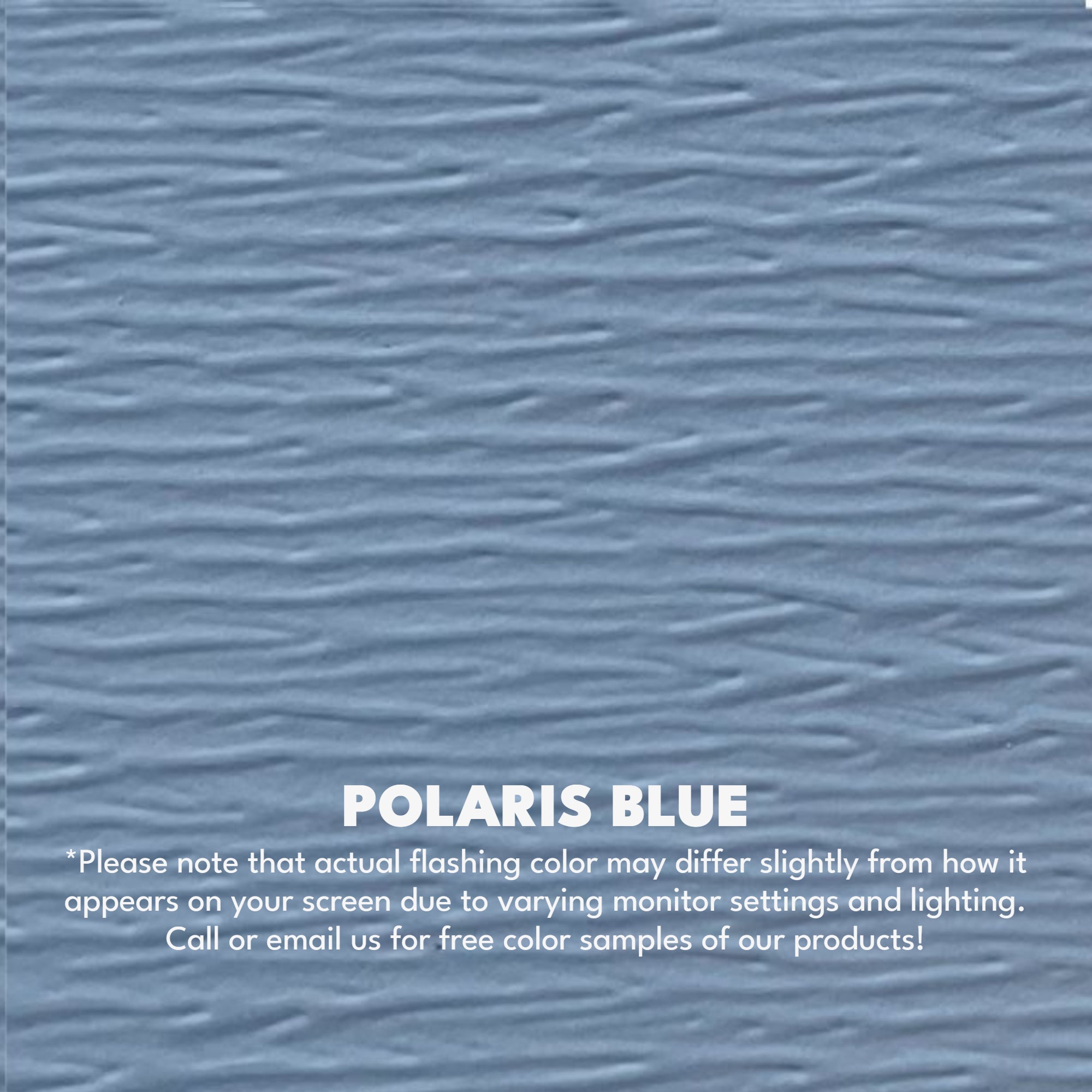 A texture photo of the Woodgrain Finish Aluminum Fascia that reads, "Polaris Blue: Please note that actual flashing color may differ slightly from how it appears on your screen due to varying monitor settings and lighting. Call or email us for free color samples of our products!"