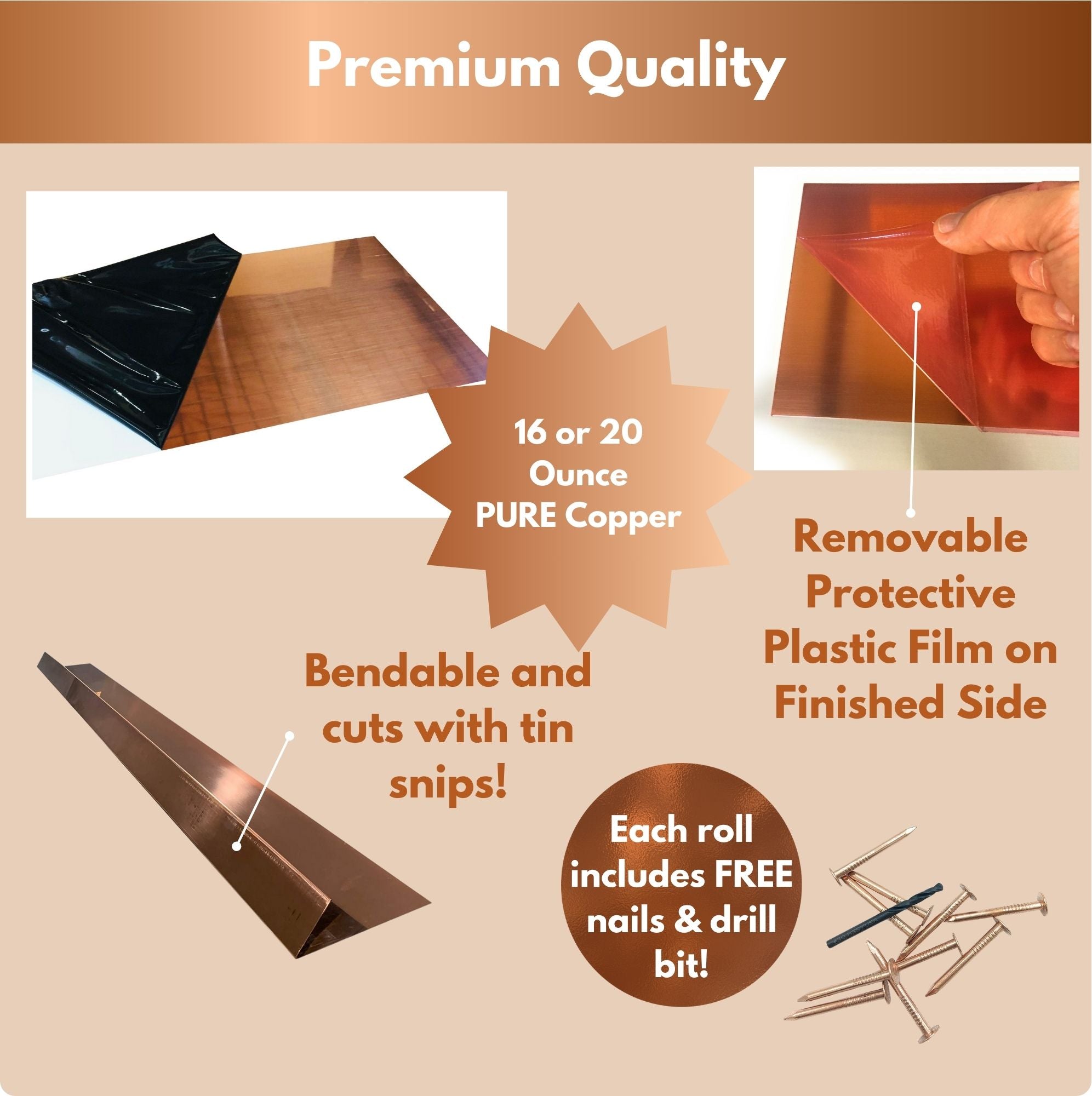 An infographic that states the product is of Premium Quality. There are also notes that the copper flashing is 16 or 20 Ounce Pure Copper, features a Removable Protective Plastic  Film on the Finished Side, is Bendable and cuts with tin snips, and that each roll includes Free Nails and drill bit.