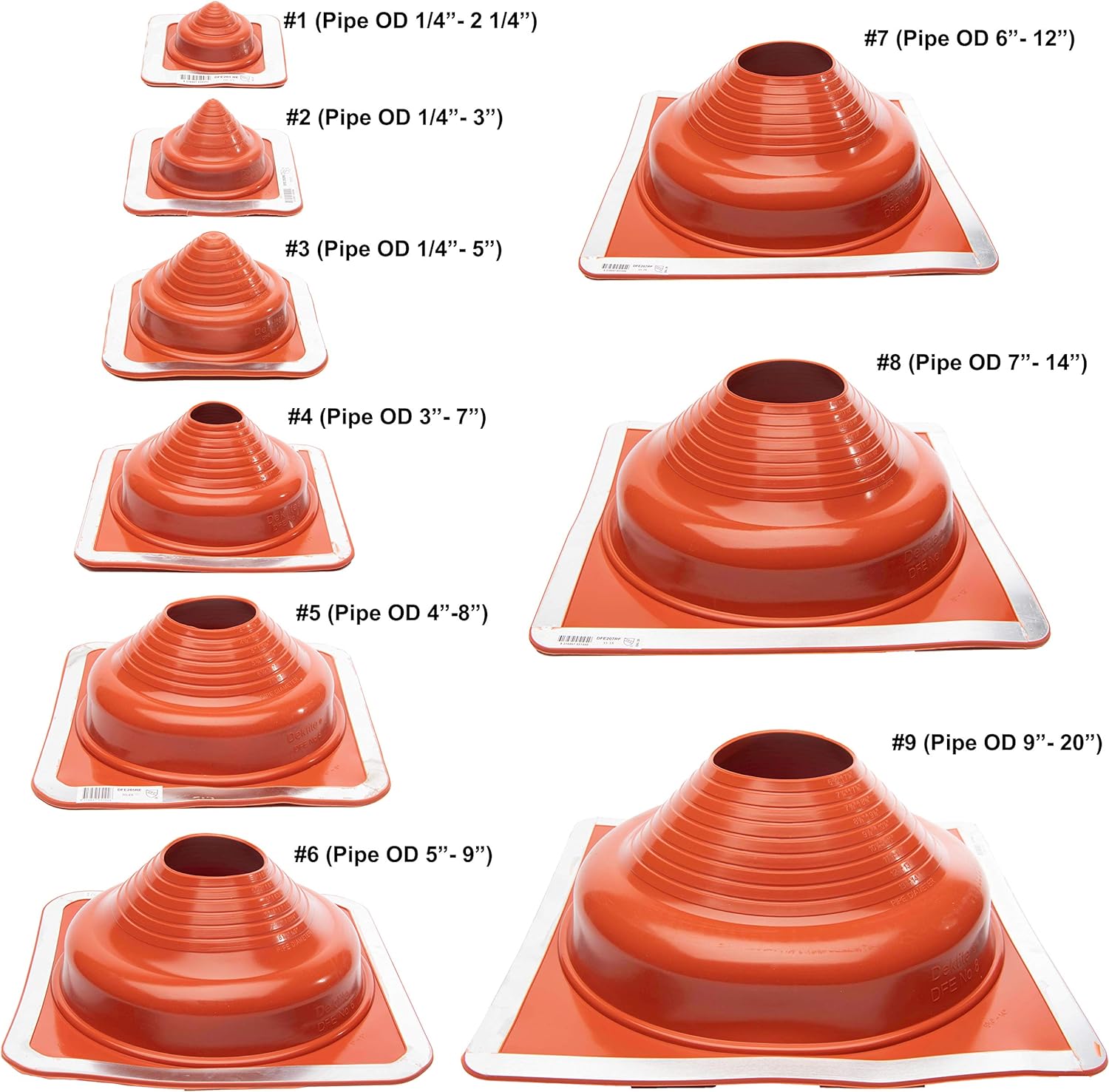 A diagram showing the size pipe boot and pipe diameter for Gray Square Base Pipe Flashing Boots. #1 (Pipe OD 1/4"-2 1/4"), #2 (Pipe OD 1/4"-3"), #3 (Pipe OD 1/4"-5"), #4 (Pipe OD 3"-7"), #5 (Pipe OD 4"-8"), #6 (Pipe OD 5"-9"), #7 (Pipe OD 6"-12"), #8 (Pipe OD 7"-14"), #9 (Pipe OD 9"-20").