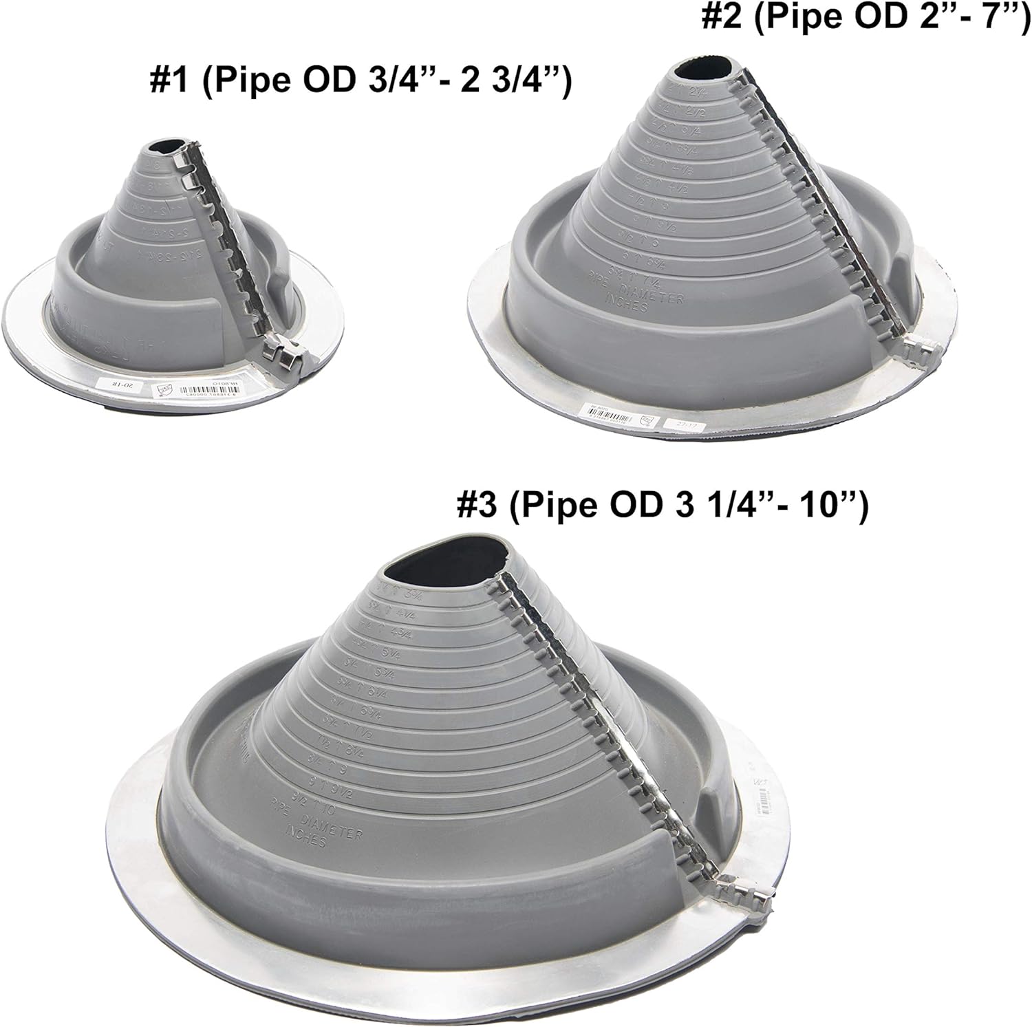 A diagram showing the size Metal Roofing Pipe Boot and the Pipe Diameter. #1 (Pipe OD 3/4"-2 3/4"), #2 (Pipe OD 2"-7"), #3 (Pipe OD 3 1/4"-10").