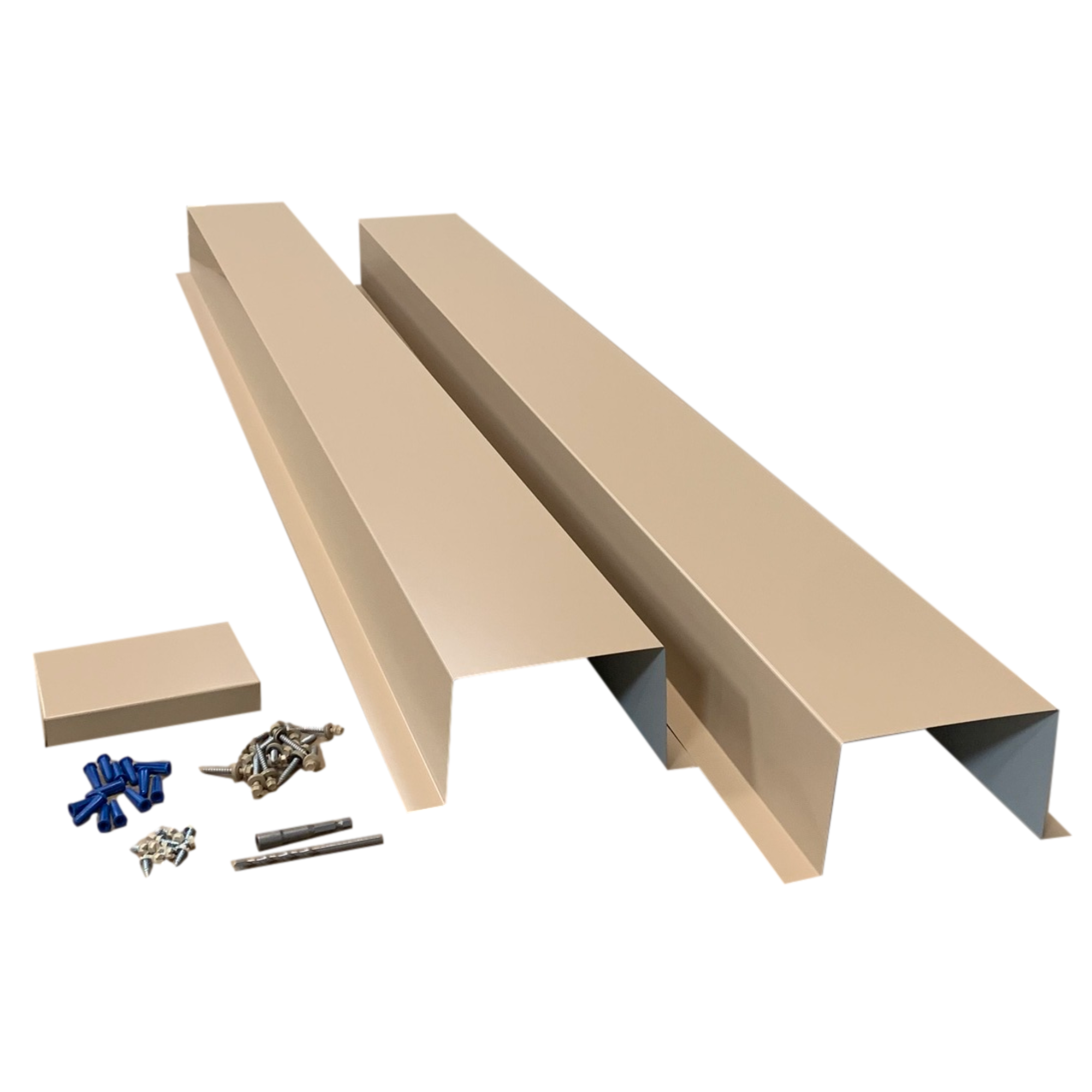 A set of PermaCover HVAC Line Set Covers that consists of two 5 FT sections, two end caps, fasteners, and a hex bit driver and masonry bit. The sections are made for covering existing HVAC line sets, and are made of 26 gauge painted steel in the color Sahara Tan.