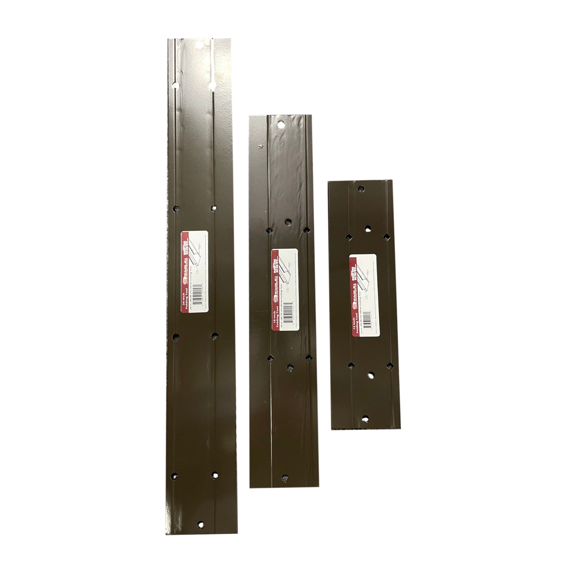 A group of three Sheet Metal Folding Tools that are used for bending and seaming sheet metal. The three sizes pictured are 12 inches long, 18 inches long, and 24 inches long.