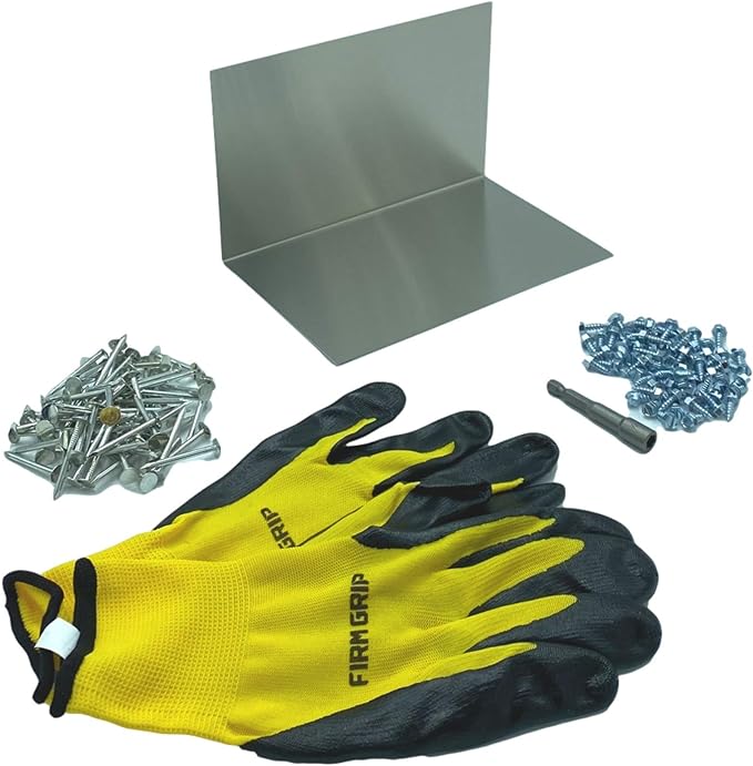 A shingle step flashing kit that includes shingle step flashing, roofing nails, sheet metal screws, nitrile coated gloves, and a magnetic hex bit driver. The shingle step flashing is used on shingle roofs when installing shingle panels against a wall. The step flashing is made from Bare Aluminum.