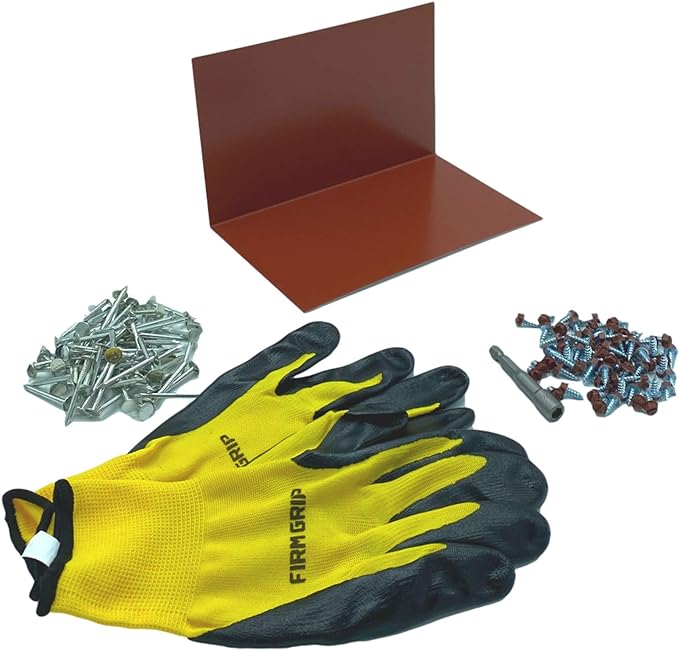 A shingle step flashing kit that includes shingle step flashing, roofing nails, sheet metal screws, nitrile coated gloves, and a magnetic hex bit driver. The shingle step flashing is used on shingle roofs when installing shingle panels against a wall. The step flashing is made from 26 gauge painted steel and is Barn Red in color.