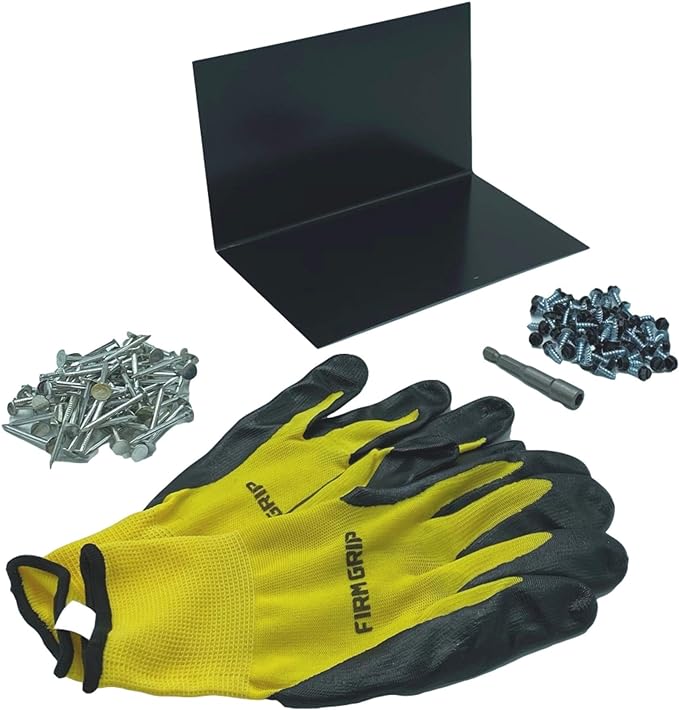 A shingle step flashing kit that includes shingle step flashing, roofing nails, sheet metal screws, nitrile coated gloves, and a magnetic hex bit driver. The shingle step flashing is used on shingle roofs when installing shingle panels against a wall. The step flashing is made from 26 gauge painted steel and is Black in color.