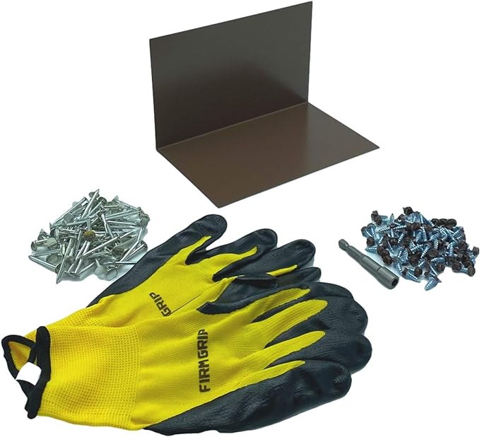 A shingle step flashing kit that includes shingle step flashing, roofing nails, sheet metal screws, nitrile coated gloves, and a magnetic hex bit driver. The shingle step flashing is used on shingle roofs when installing shingle panels against a wall. The step flashing is made from 26 gauge painted steel and is Brown in color.