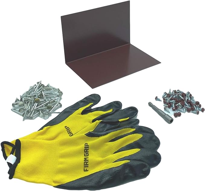A shingle step flashing kit that includes shingle step flashing, roofing nails, sheet metal screws, nitrile coated gloves, and a magnetic hex bit driver. The shingle step flashing is used on shingle roofs when installing shingle panels against a wall. The step flashing is made from 26 gauge painted steel and is Burgundy in color.