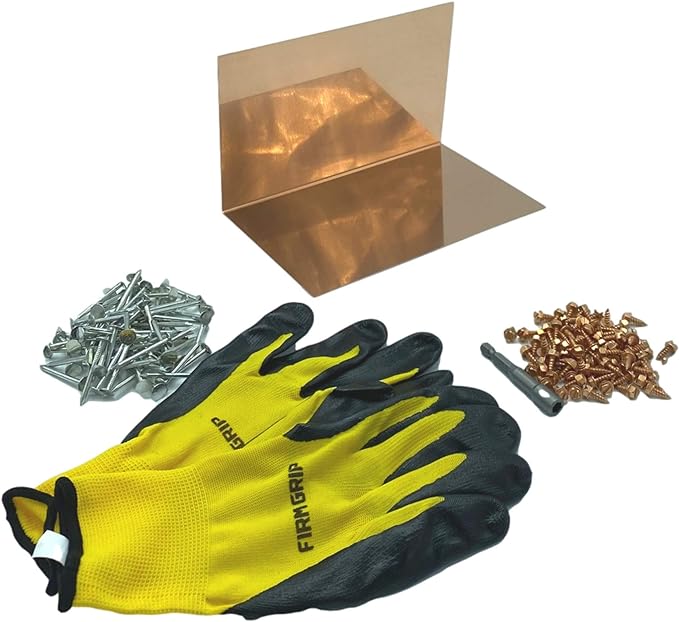 A shingle step flashing kit that includes shingle step flashing, roofing nails, sheet metal screws, nitrile coated gloves, and a magnetic hex bit driver. The shingle step flashing is used on shingle roofs when installing shingle panels against a wall. The step flashing is made from 16 ounce pure copper.
