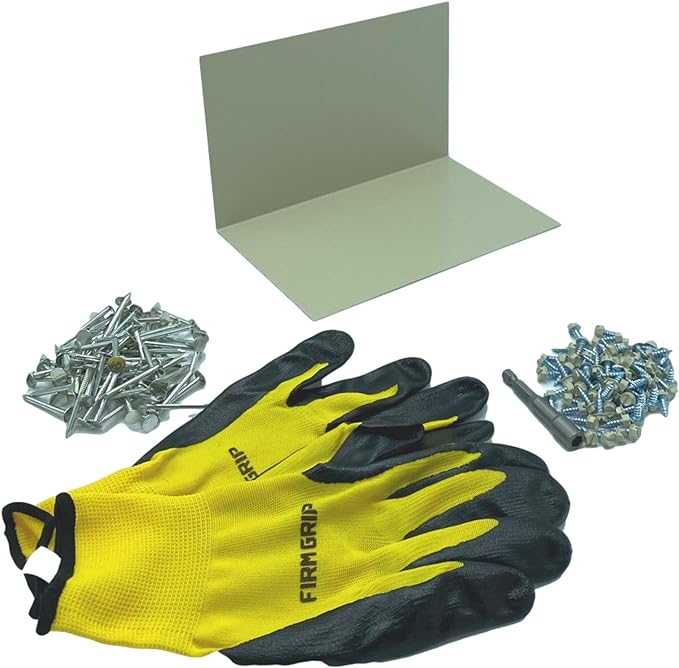 A shingle step flashing kit that includes shingle step flashing, roofing nails, sheet metal screws, nitrile coated gloves, and a magnetic hex bit driver. The shingle step flashing is used on shingle roofs when installing shingle panels against a wall. The step flashing is made from 26 gauge painted steel and is Lightstone in color.