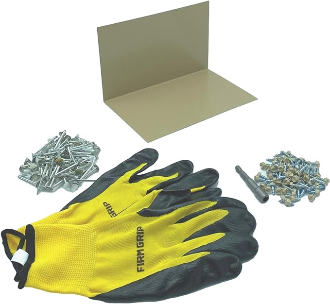 A shingle step flashing kit that includes shingle step flashing, roofing nails, sheet metal screws, nitrile coated gloves, and a magnetic hex bit driver. The shingle step flashing is used on shingle roofs when installing shingle panels against a wall. The step flashing is made from 26 gauge painted steel and is Sahara Tan in color.