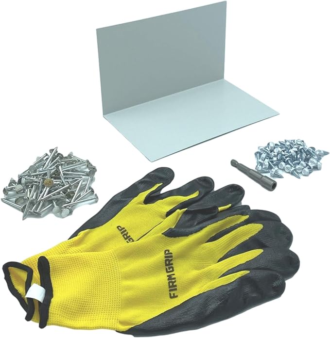 A shingle step flashing kit that includes shingle step flashing, roofing nails, sheet metal screws, nitrile coated gloves, and a magnetic hex bit driver. The shingle step flashing is used on shingle roofs when installing shingle panels against a wall. The step flashing is made from 26 gauge painted steel and is White in color.