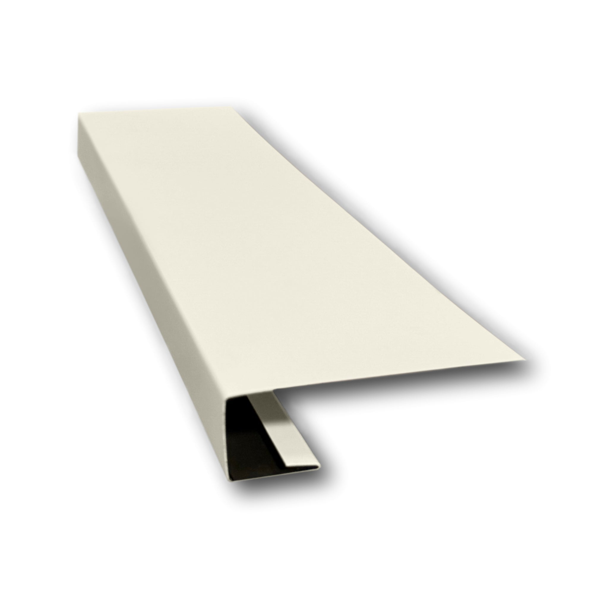 A piece of Aluminum J-Mold on a white background. The J-Mold has a Smooth Finish that is Almond in color.