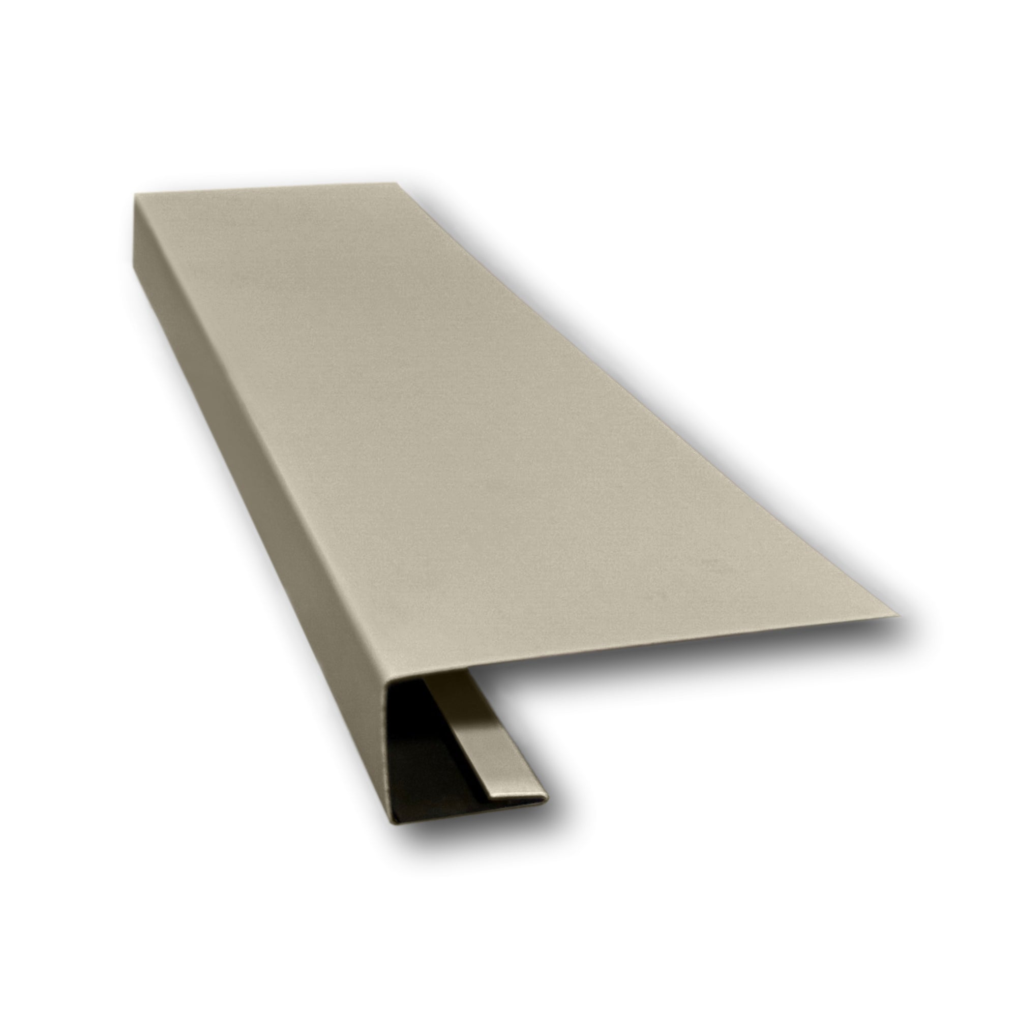 A piece of Aluminum J-Mold on a white background. The J-Mold has a Smooth Finish that is Clay in color.