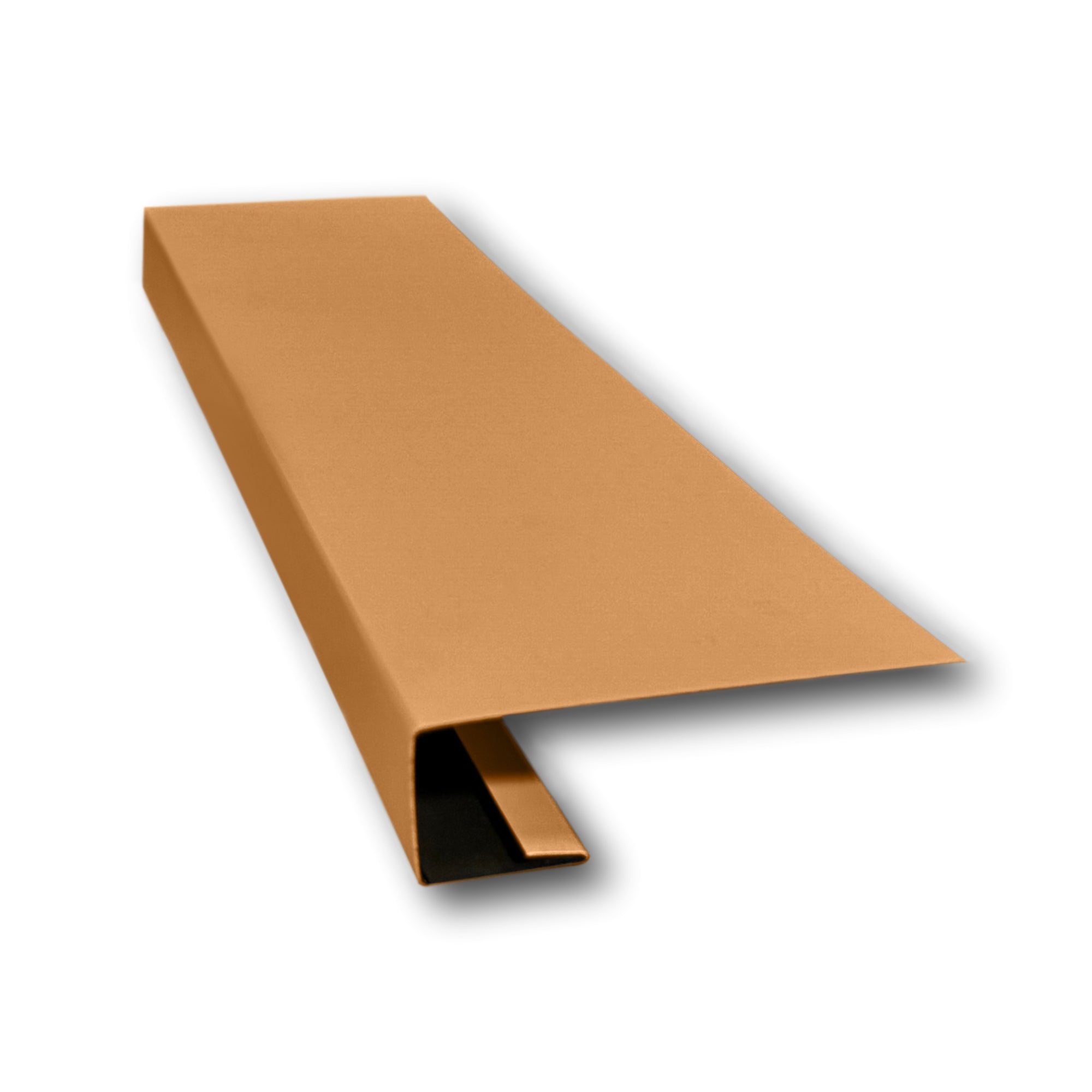 A piece of Aluminum J-Mold on a white background. The J-Mold has a Smooth Finish that is Copper Metallic in color.