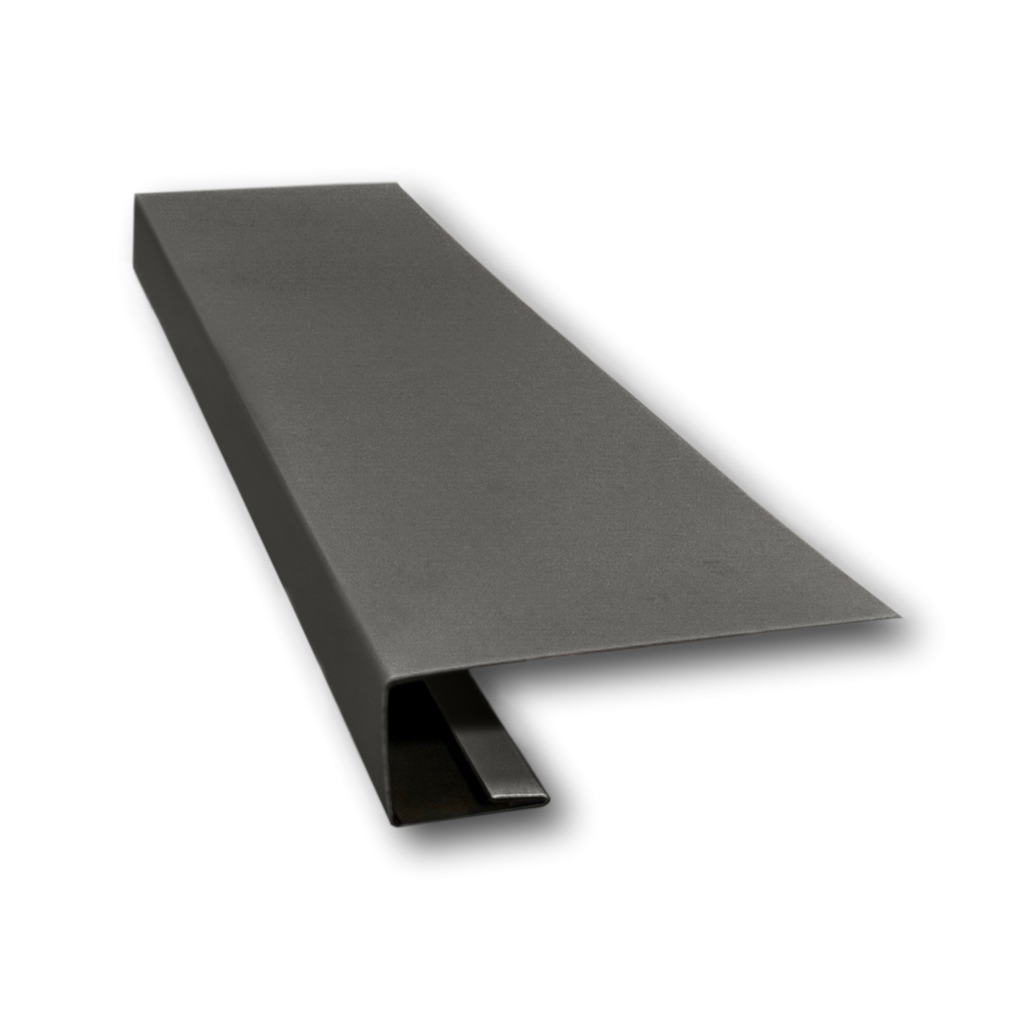 A piece of Aluminum J-Mold on a white background. The J-Mold has a Smooth Finish that is Dark Bronze in color.