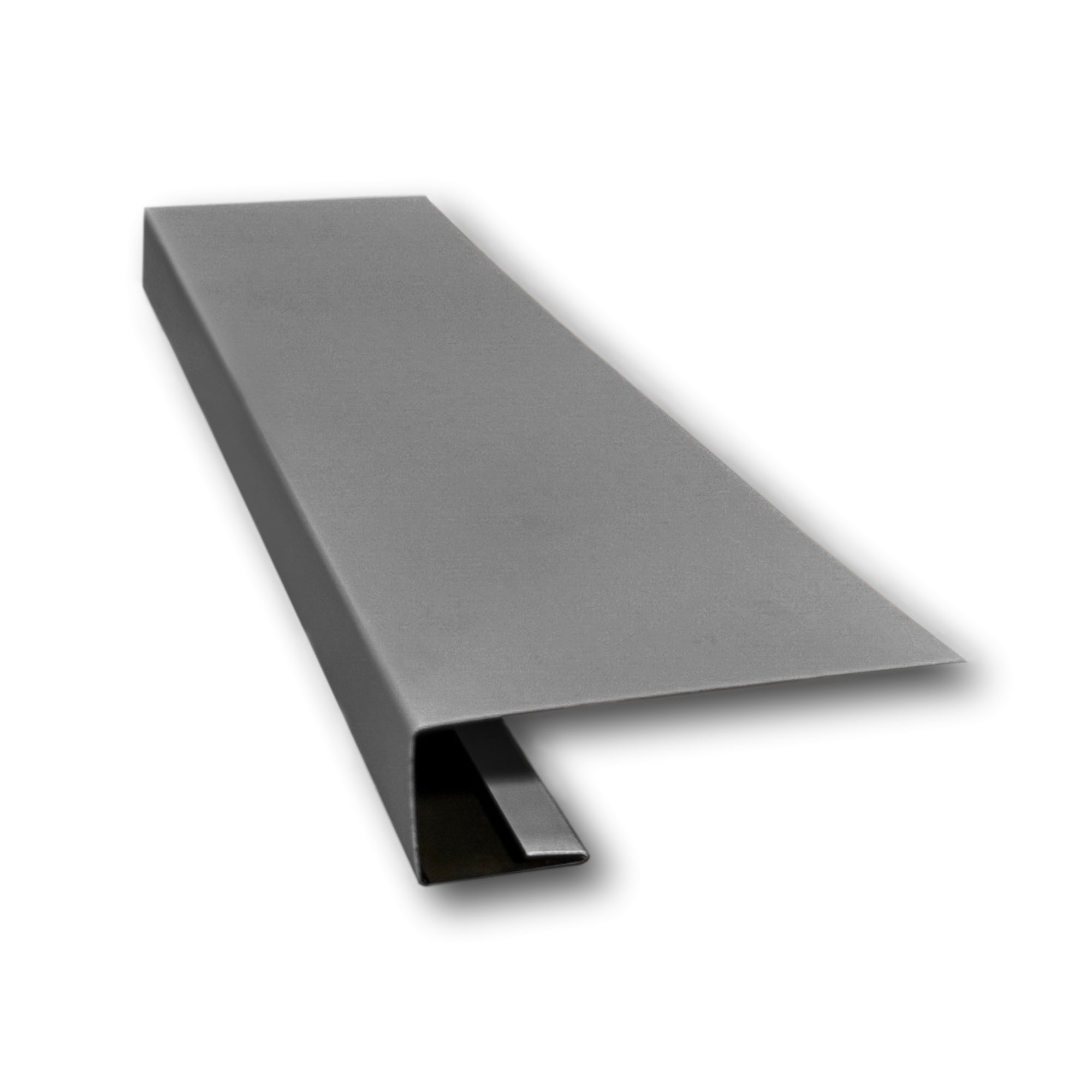 A piece of Aluminum J-Mold on a white background. The J-Mold has a Smooth Finish that is Tuxedo Gray in color.
