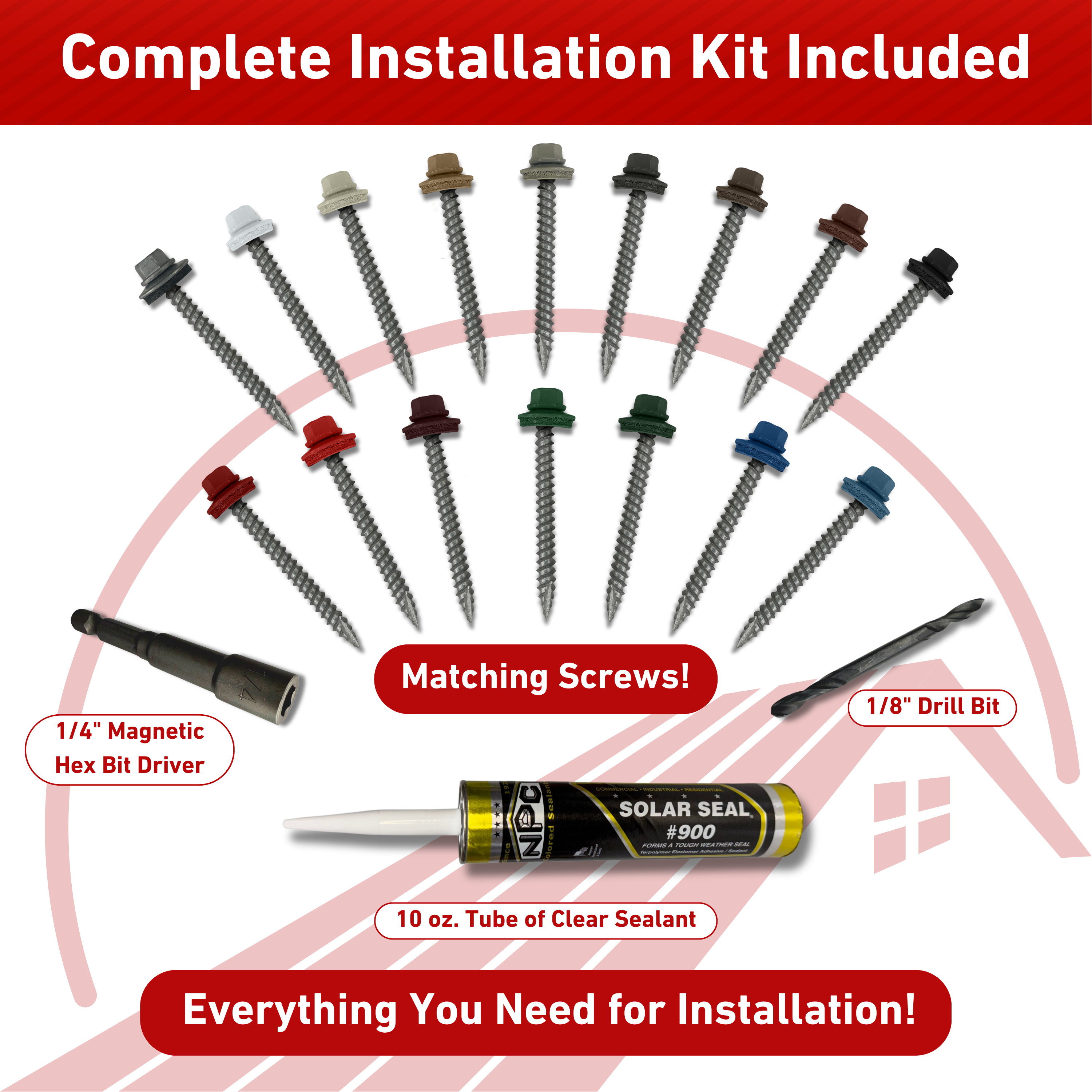 An infographic showing all of the included components with each Snow Guard. It shows all the different color screws offered for matching to the Snow Guard, the included 1/4 inch magnetic hex bit driver, a 10 oz tube of Clear Sealant, and a 1/8 inch drill bit.