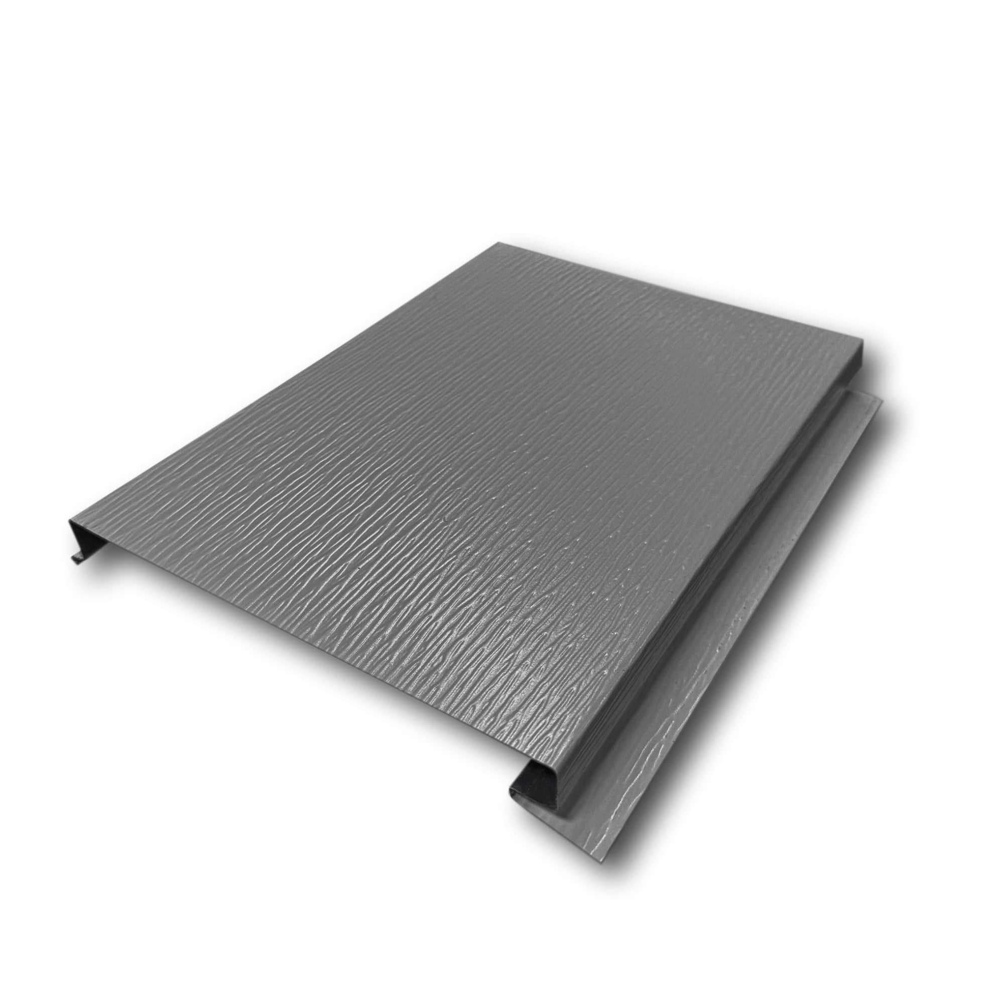 An Aluminum Soffit Panel on a white background that has a Woodgrain texture, a Solid design, and is Charcoal Gray in color.