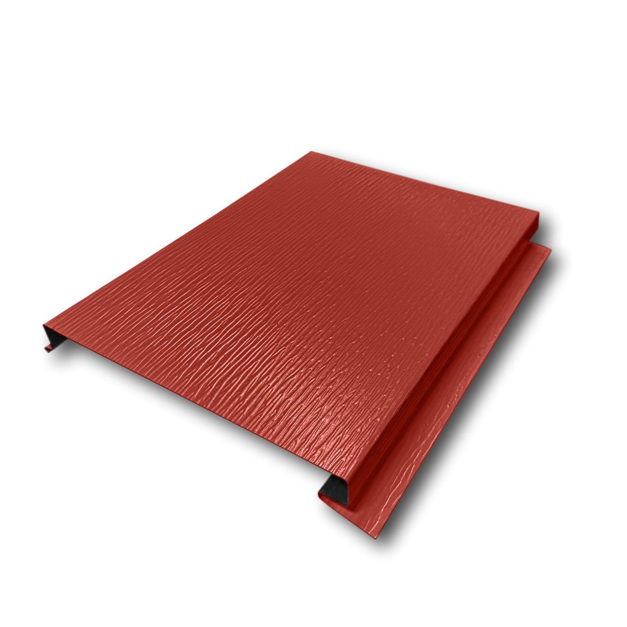 An Aluminum Soffit Panel on a white background that has a Woodgrain texture, a Solid design, and is Lighthouse Red in color.