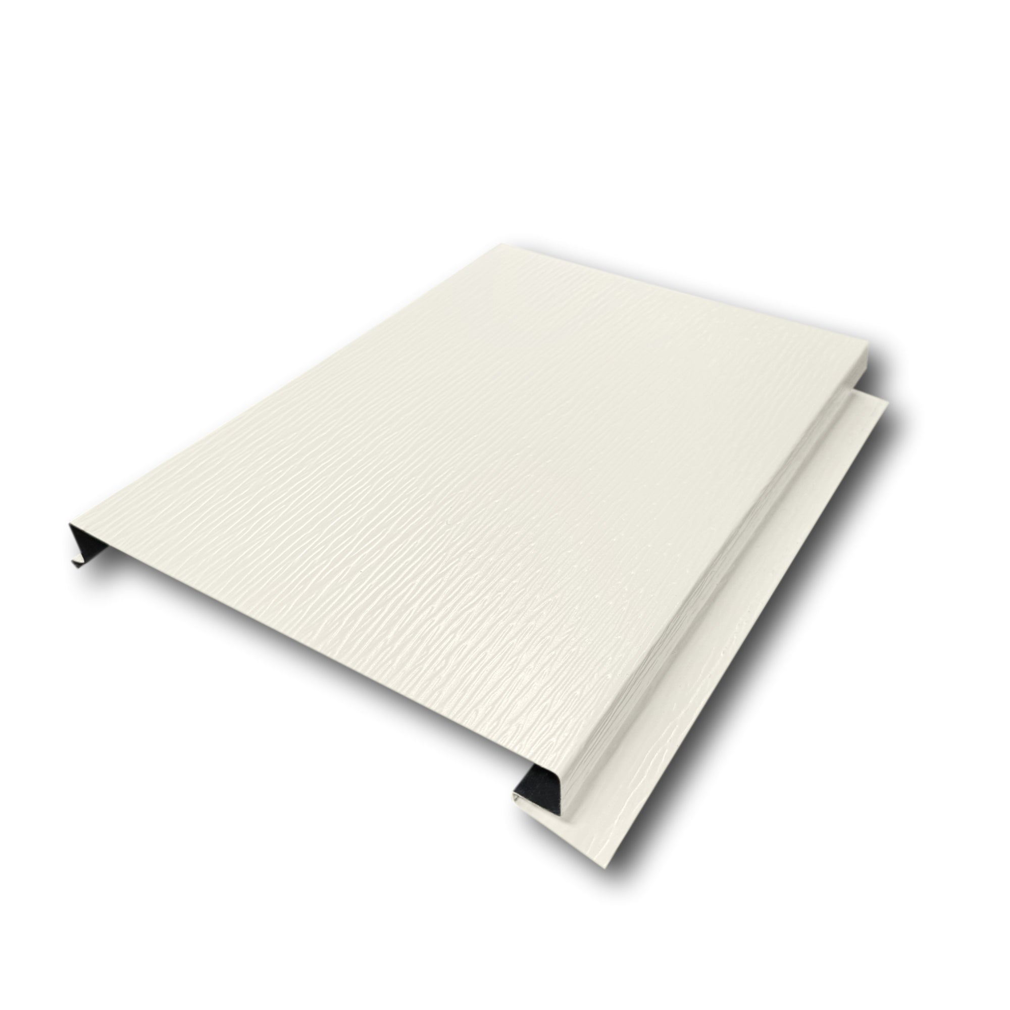 An Aluminum Soffit Panel on a white background that has a Woodgrain texture, a Solid design, and is Linen in color.