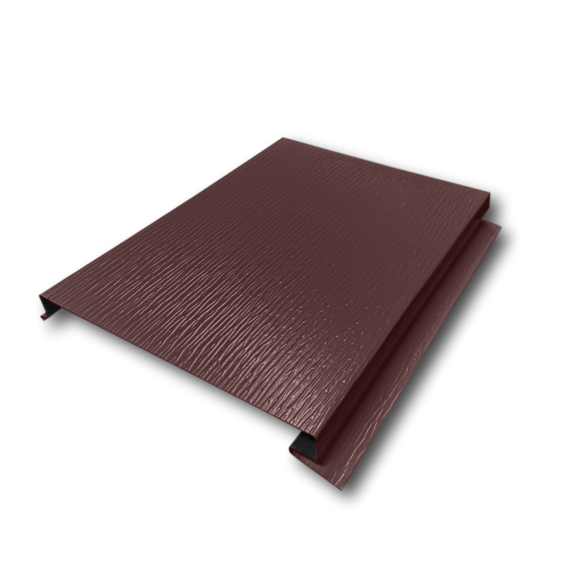 An Aluminum Soffit Panel on a white background that has a Woodgrain texture, a Solid design, and is Musket Brown in color.