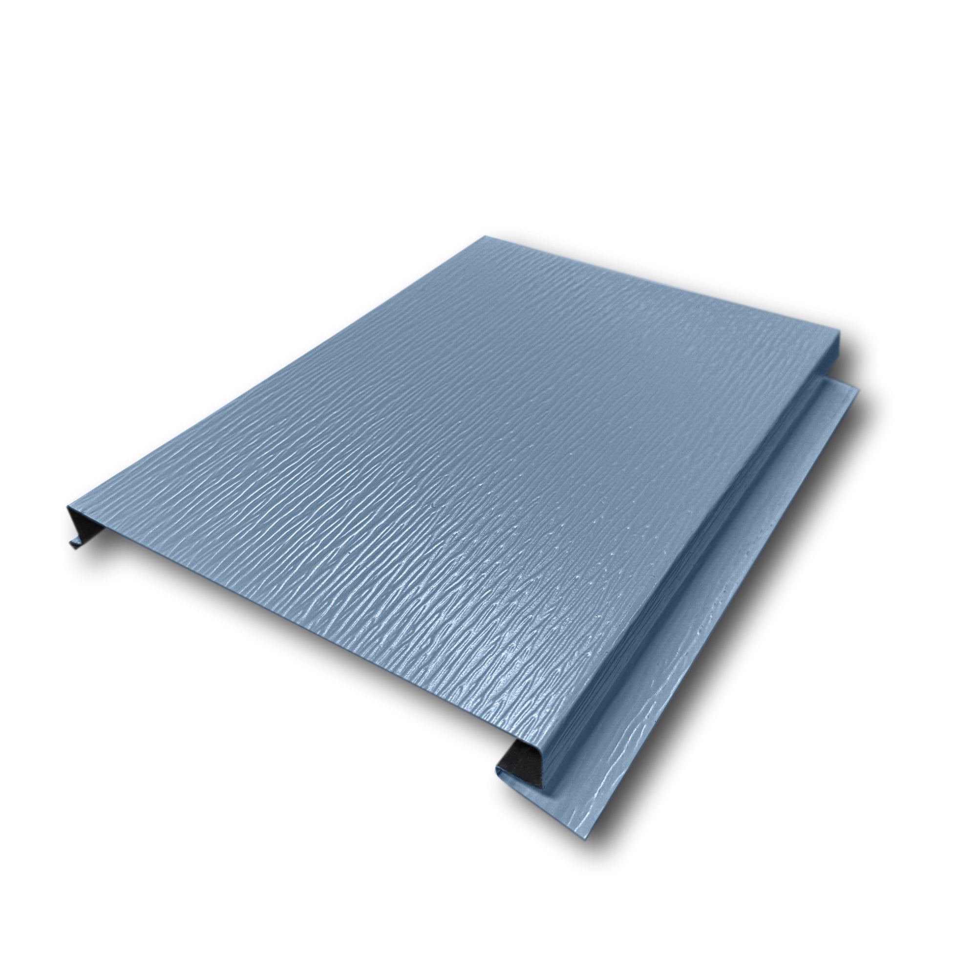 An Aluminum Soffit Panel on a white background that has a Woodgrain texture, a Solid design, and is Polaris Blue in color.