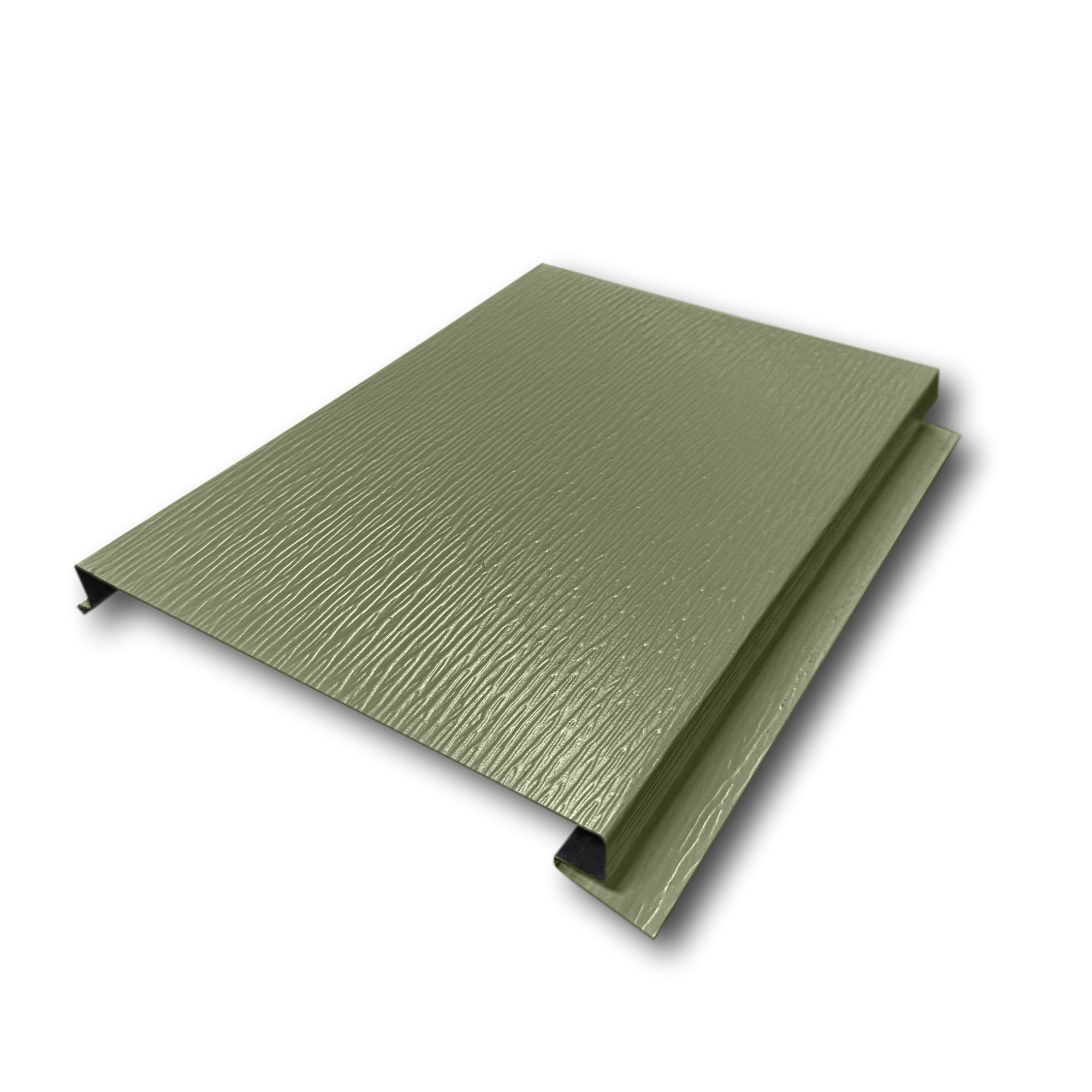An Aluminum Soffit Panel on a white background that has a Woodgrain texture, a Solid design, and is Spruce Green in color.