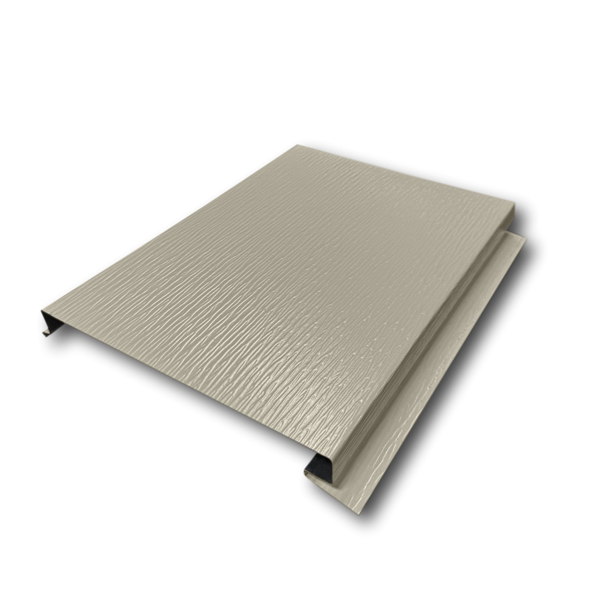 An Aluminum Soffit Panel on a white background that has a Woodgrain texture, a Solid design, and is Wicker in color.