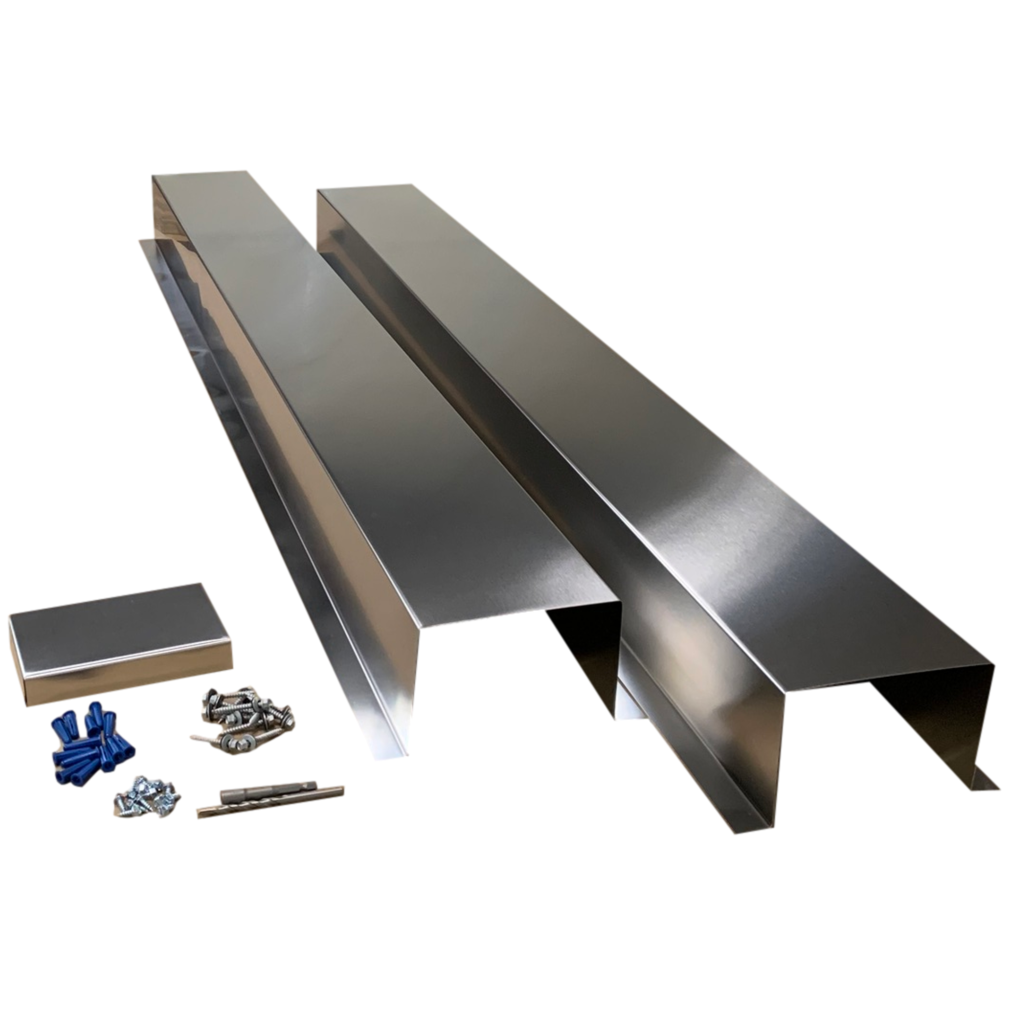 A set of PermaCover HVAC Line Set Covers that consists of two 5 FT sections, two end caps, fasteners, and a hex bit driver and masonry bit. The sections are made for covering existing HVAC line sets, and are made of 26 gauge Stainless Steel.