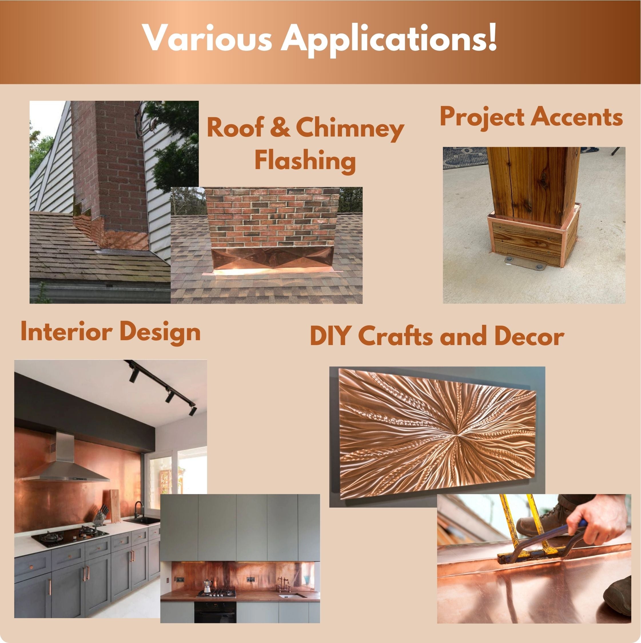 An infographic that shows the Various Applications that the product can be used for such as Roof and Chimney Flashing, Project Accents, Interior Design, and DIY Crafts and Decor.