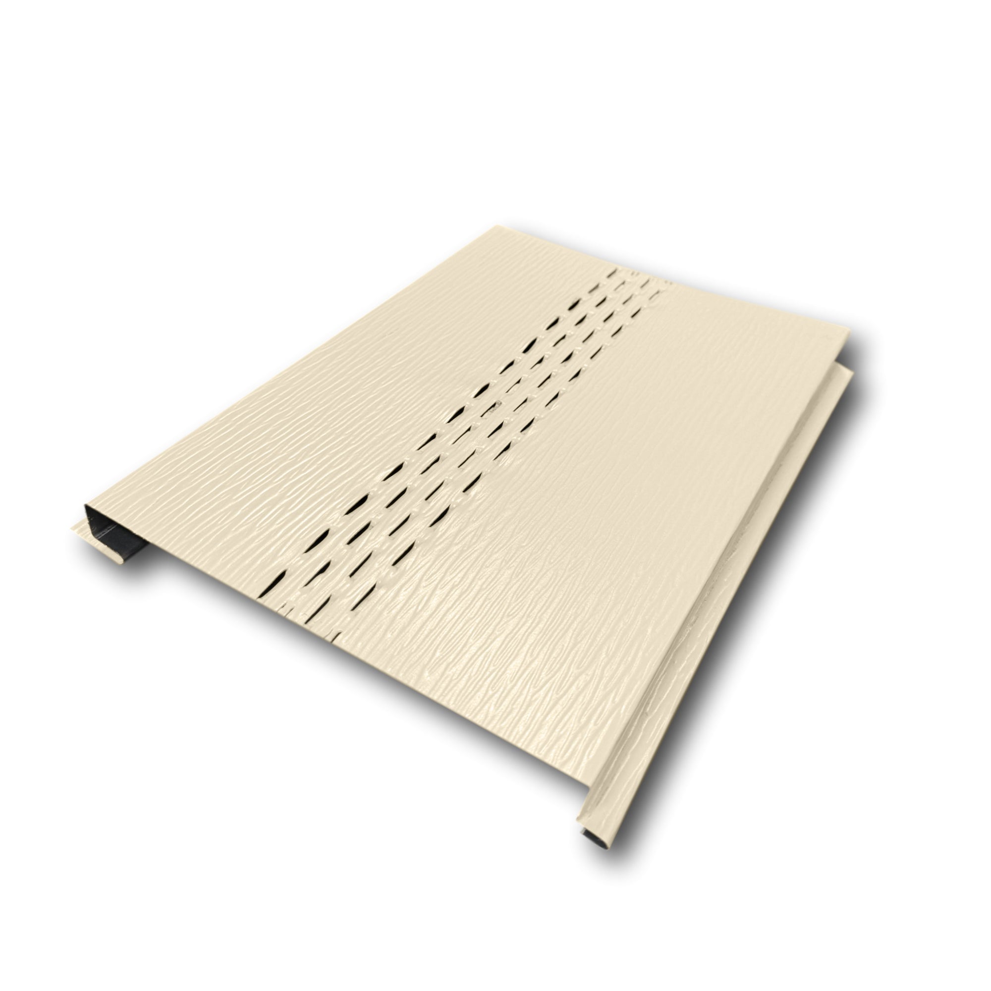 An Aluminum Soffit Panel on a white background that has a Woodgrain texture, a Vented design, and is Almond in color.