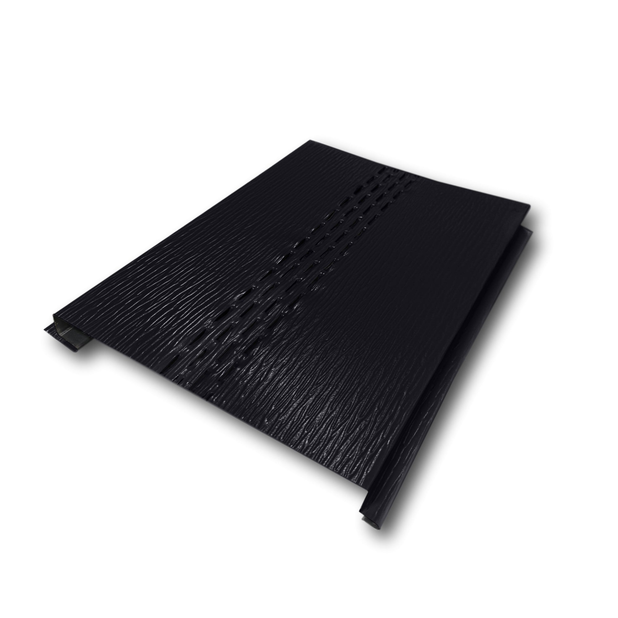 An Aluminum Soffit Panel on a white background that has a Woodgrain texture, a Vented design, and is Black in color.