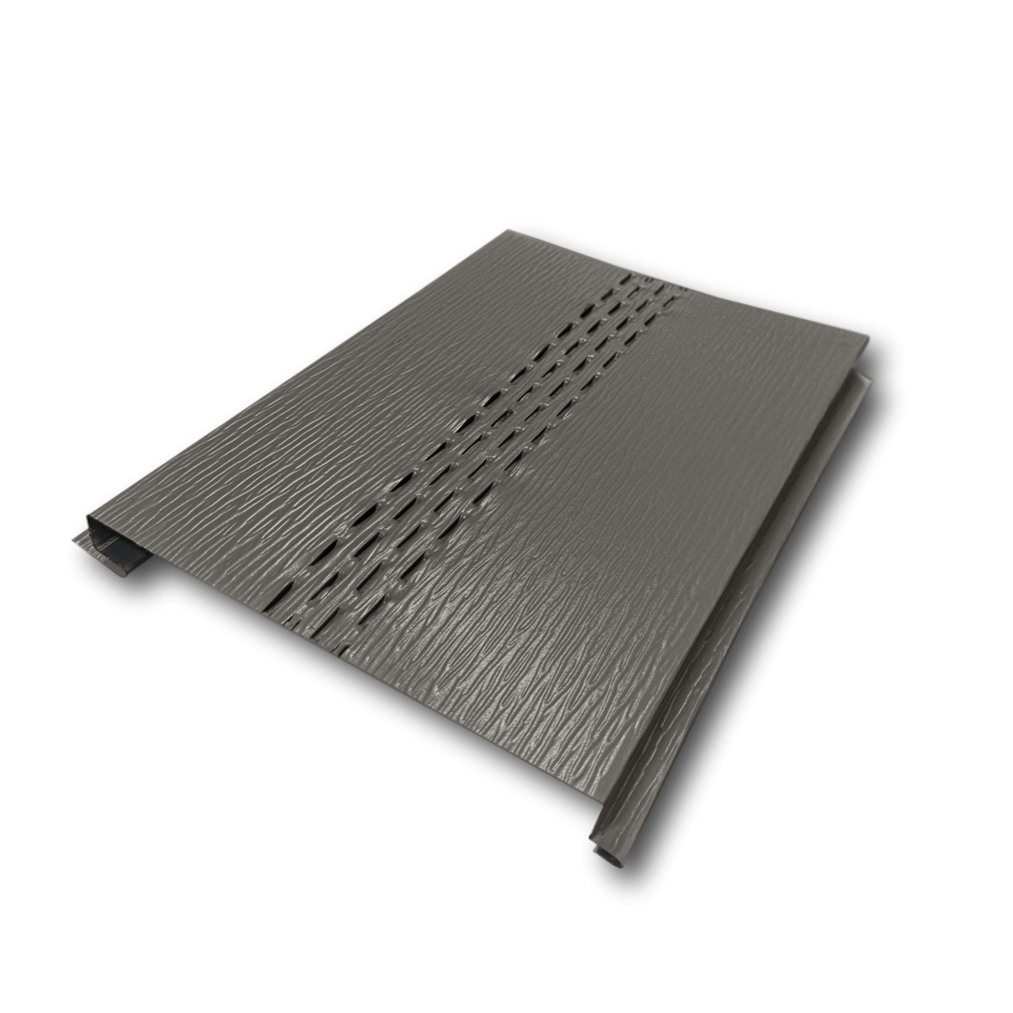 An Aluminum Soffit Panel on a white background that has a Woodgrain texture, a Vented design, and is Dark Bronze in color.