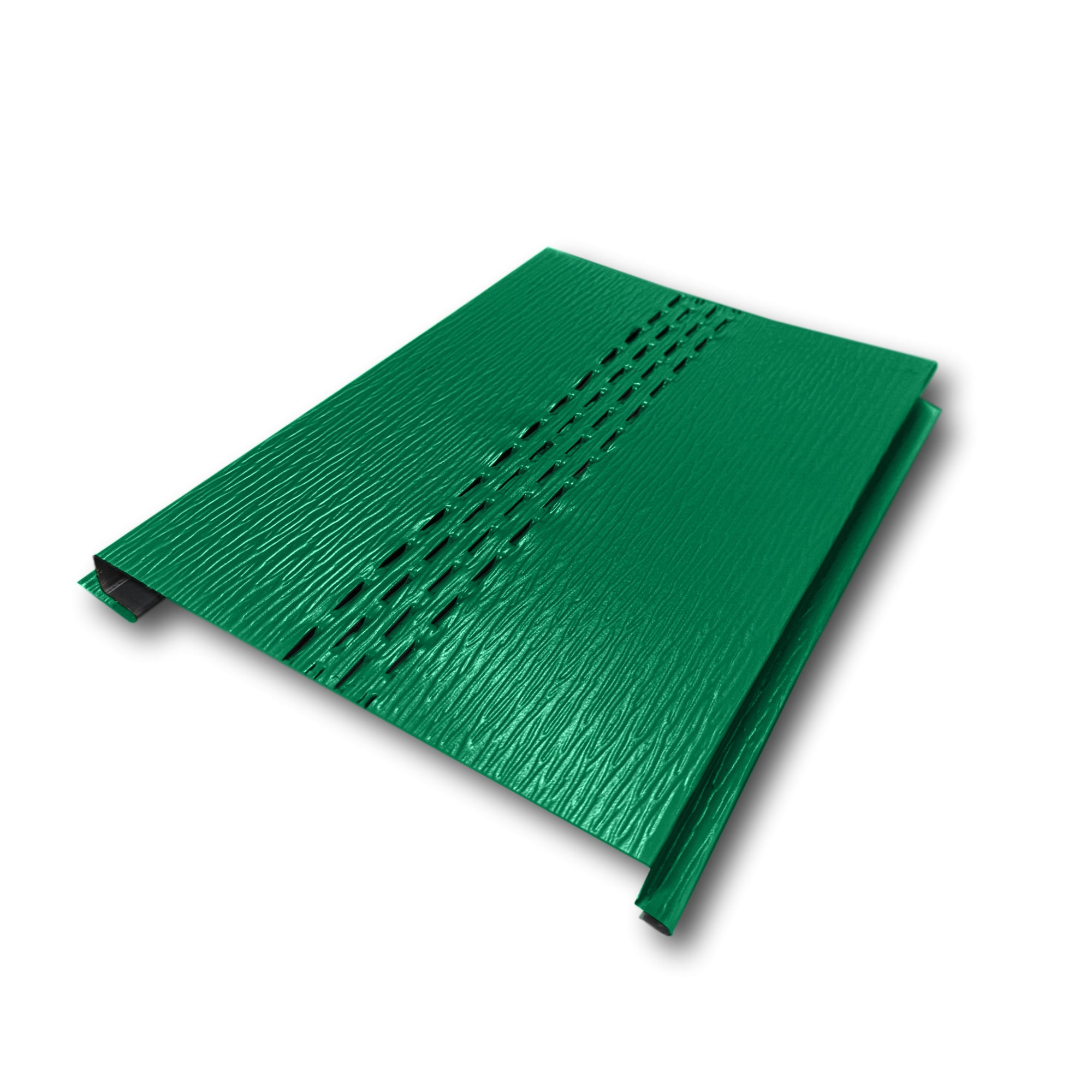 An Aluminum Soffit Panel on a white background that has a Woodgrain texture, a Vented design, and is Grecian Green in color.