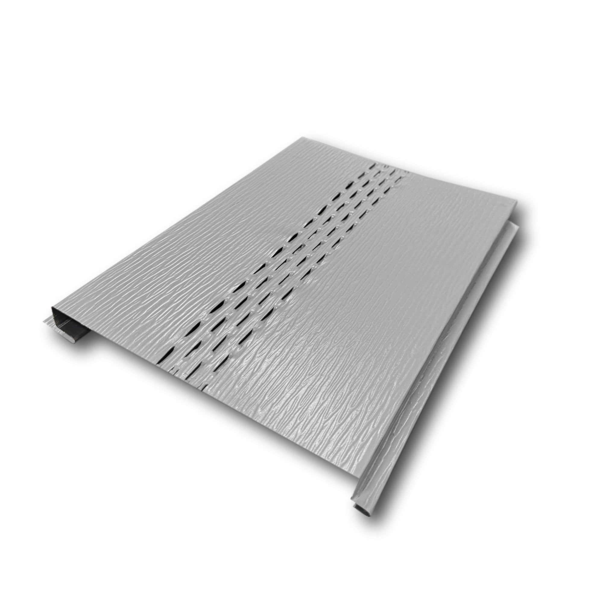 An Aluminum Soffit Panel on a white background that has a Woodgrain texture, a Vented design, and is Sterling Gray in color.