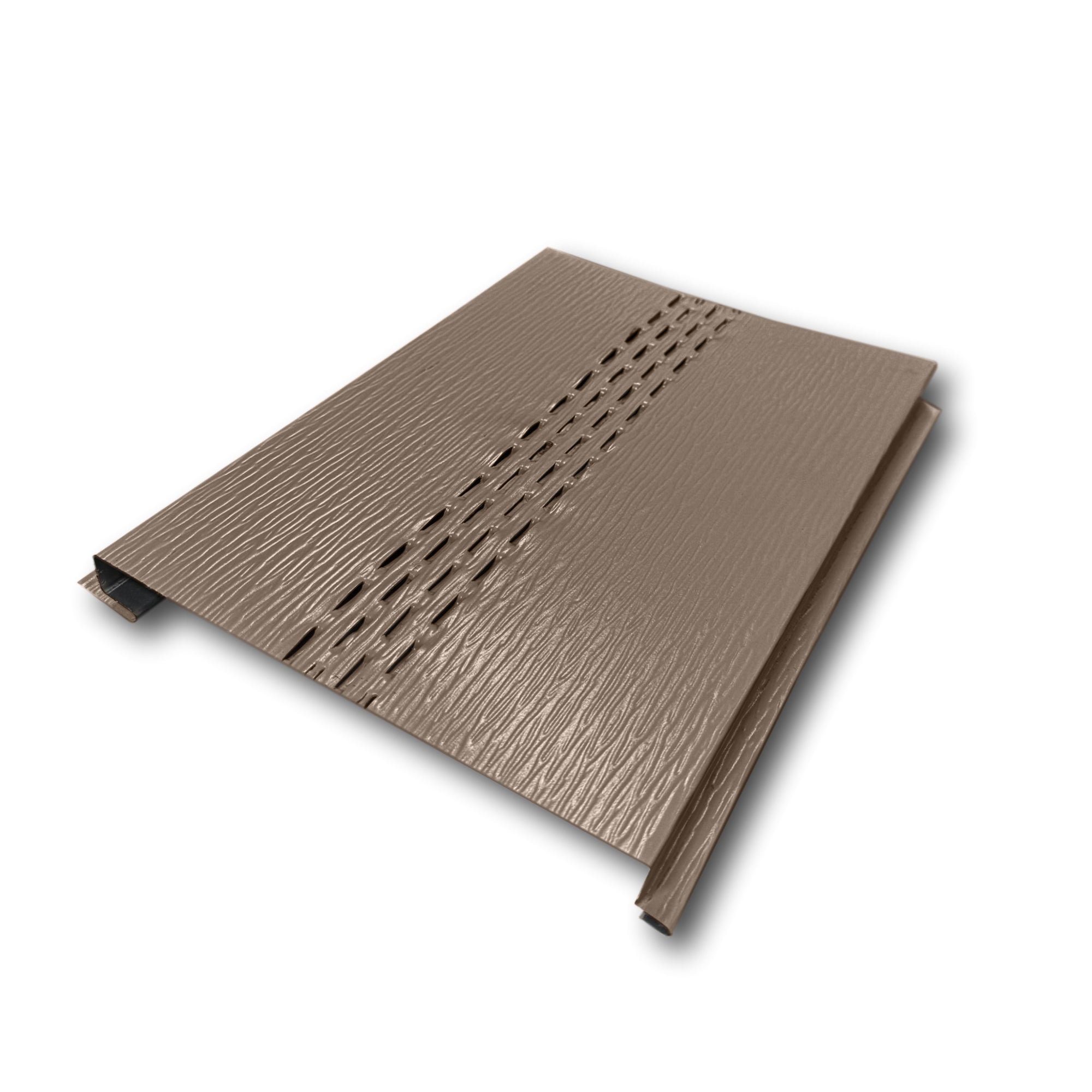 An Aluminum Soffit Panel on a white background that has a Woodgrain texture, a Vented design, and is Taupe in color.