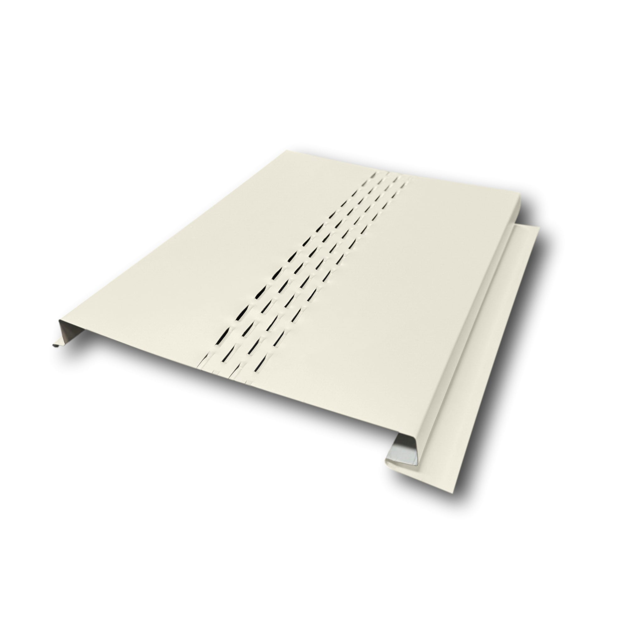 An Aluminum Soffit Panel on a white background that has a Smooth texture, a Vented design, and is Almond in color.