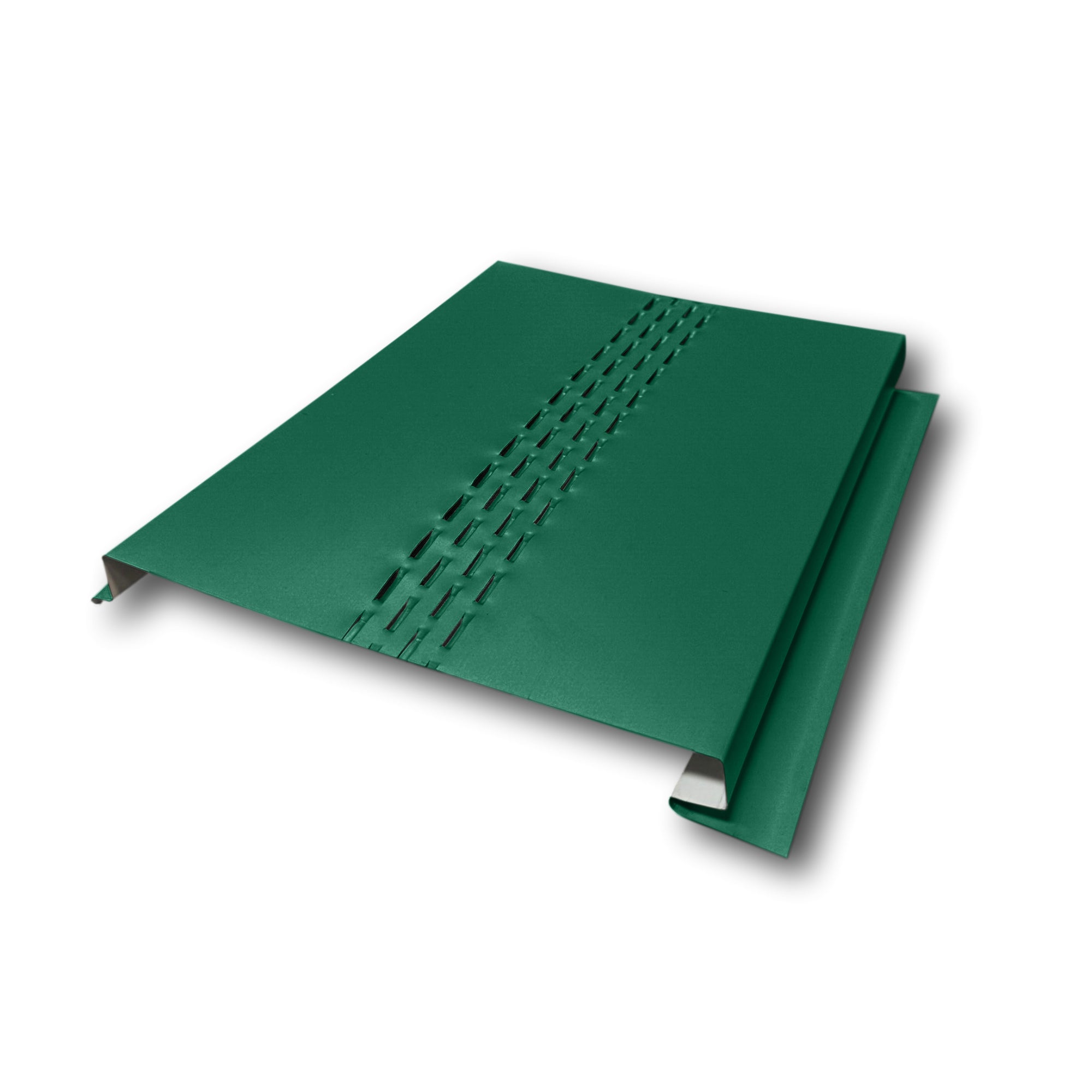 An Aluminum Soffit Panel on a white background that has a Smooth texture, a Vented design, and is Grecian Green in color.