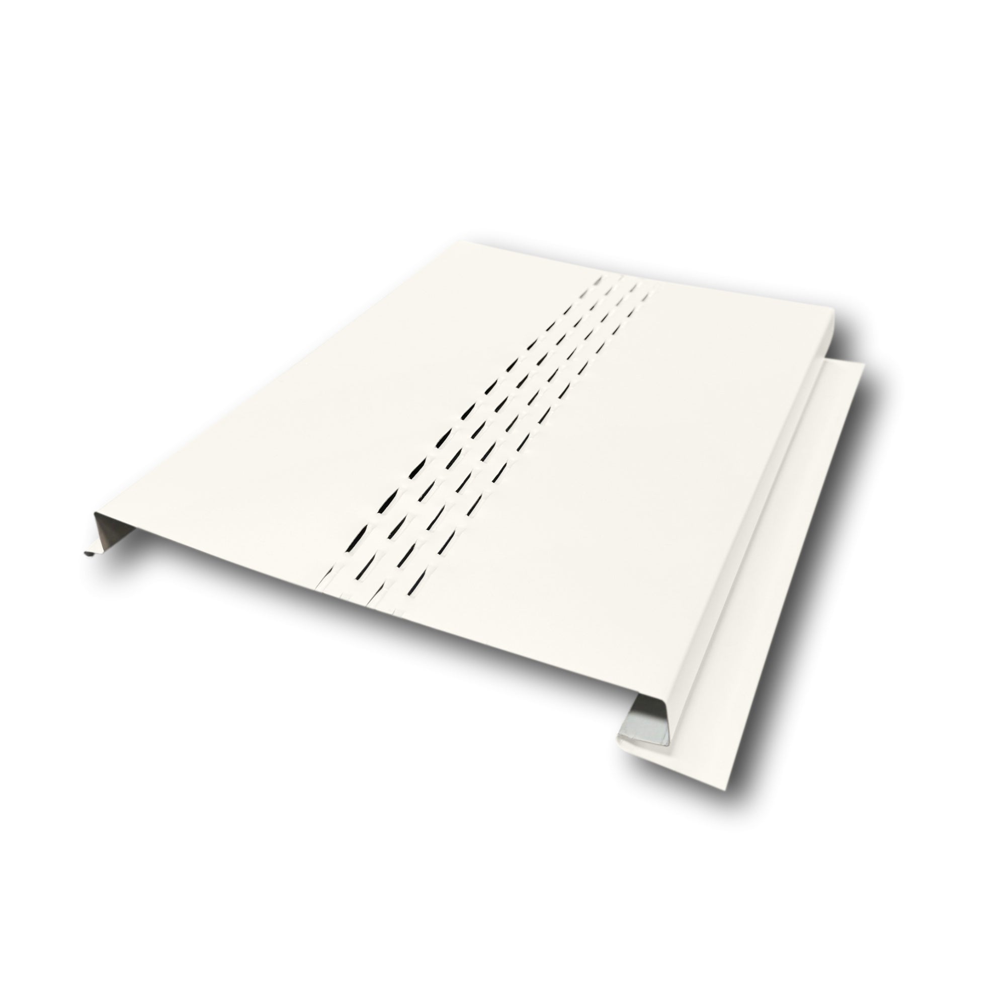 An Aluminum Soffit Panel on a white background that has a Smooth texture, a Vented design, and is Linen in color.