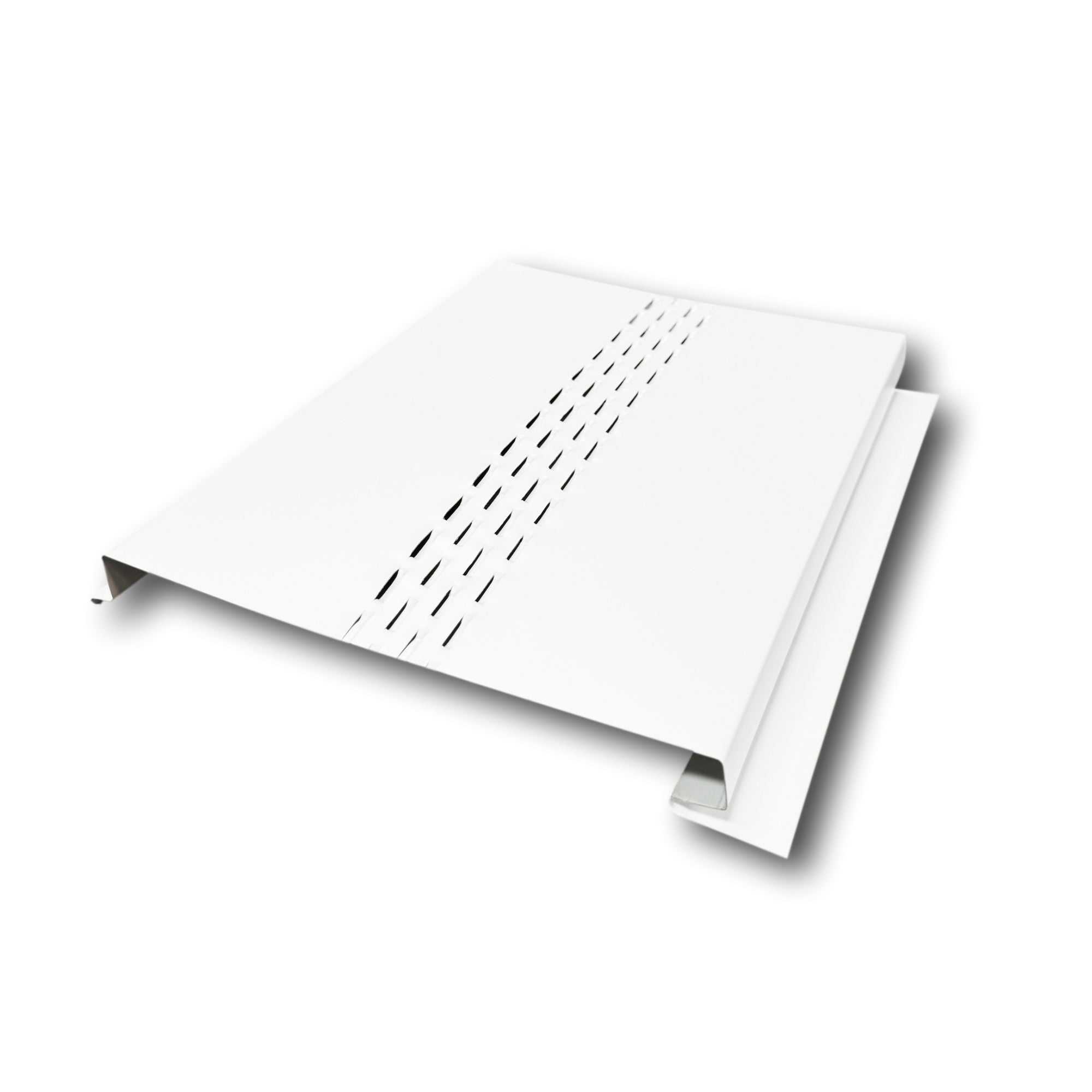 An Aluminum Soffit Panel on a white background that has a Smooth texture, a Vented design, and is White in color.