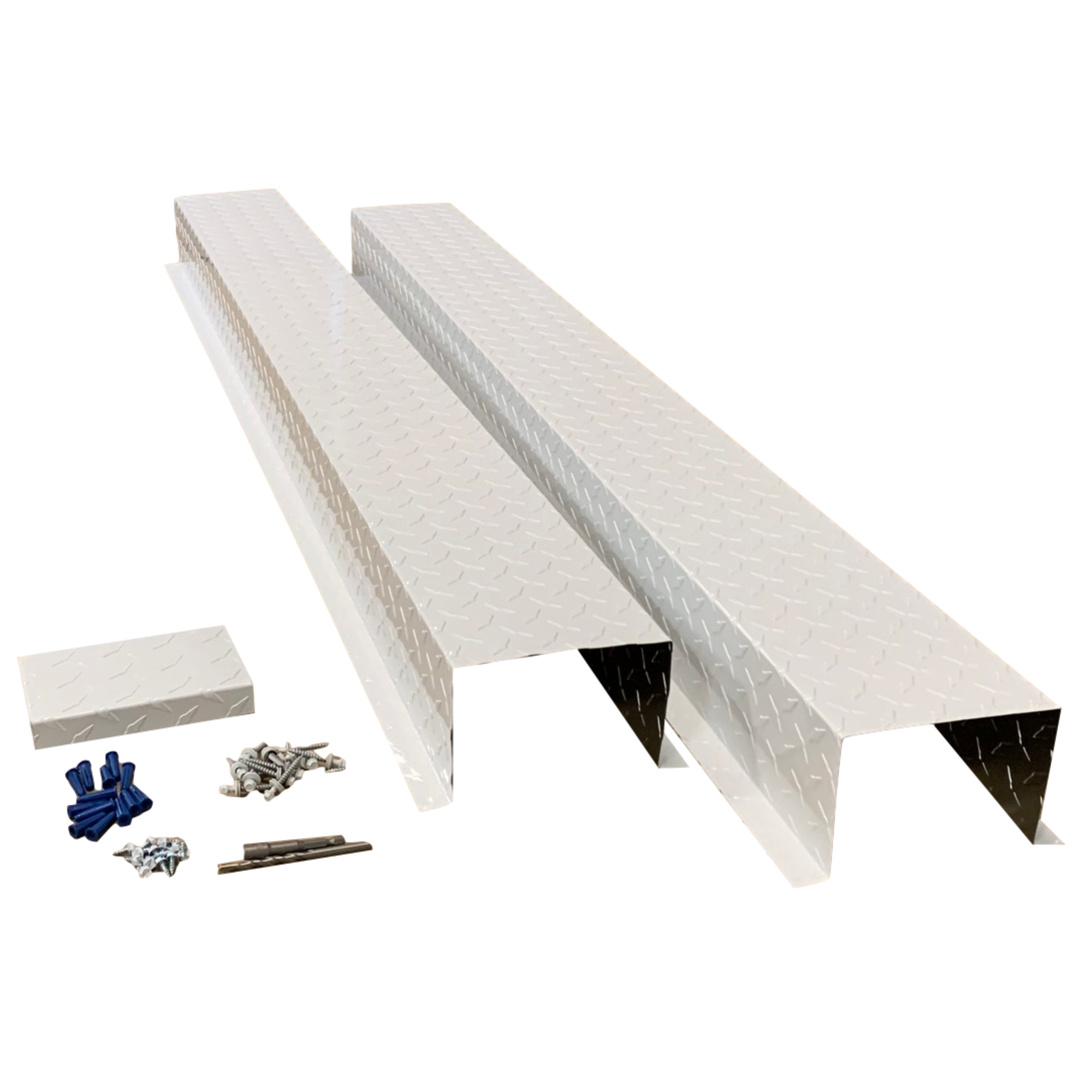 A set of PermaCover HVAC Line Set Covers that consists of two 5 FT sections, two end caps, fasteners, and a hex bit driver and masonry bit. The sections are made for covering existing HVAC line sets, and are made of aluminum diamond tread plate in the color White.