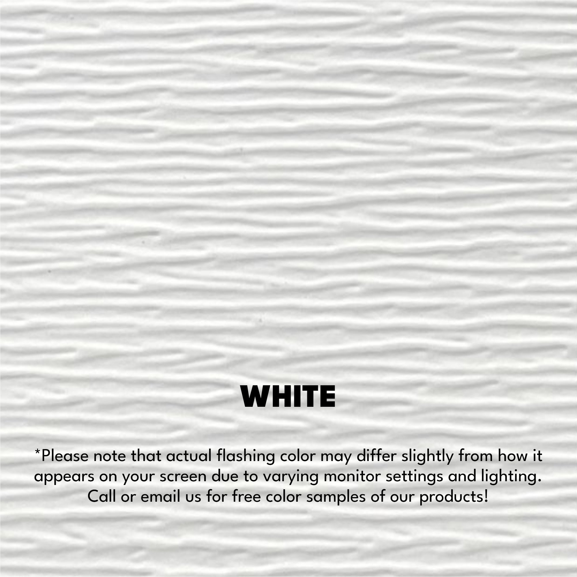 A texture photo of the Woodgrain Finish Aluminum Fascia that reads, "White: Please note that actual flashing color may differ slightly from how it appears on your screen due to varying monitor settings and lighting. Call or email us for free color samples of our products!"