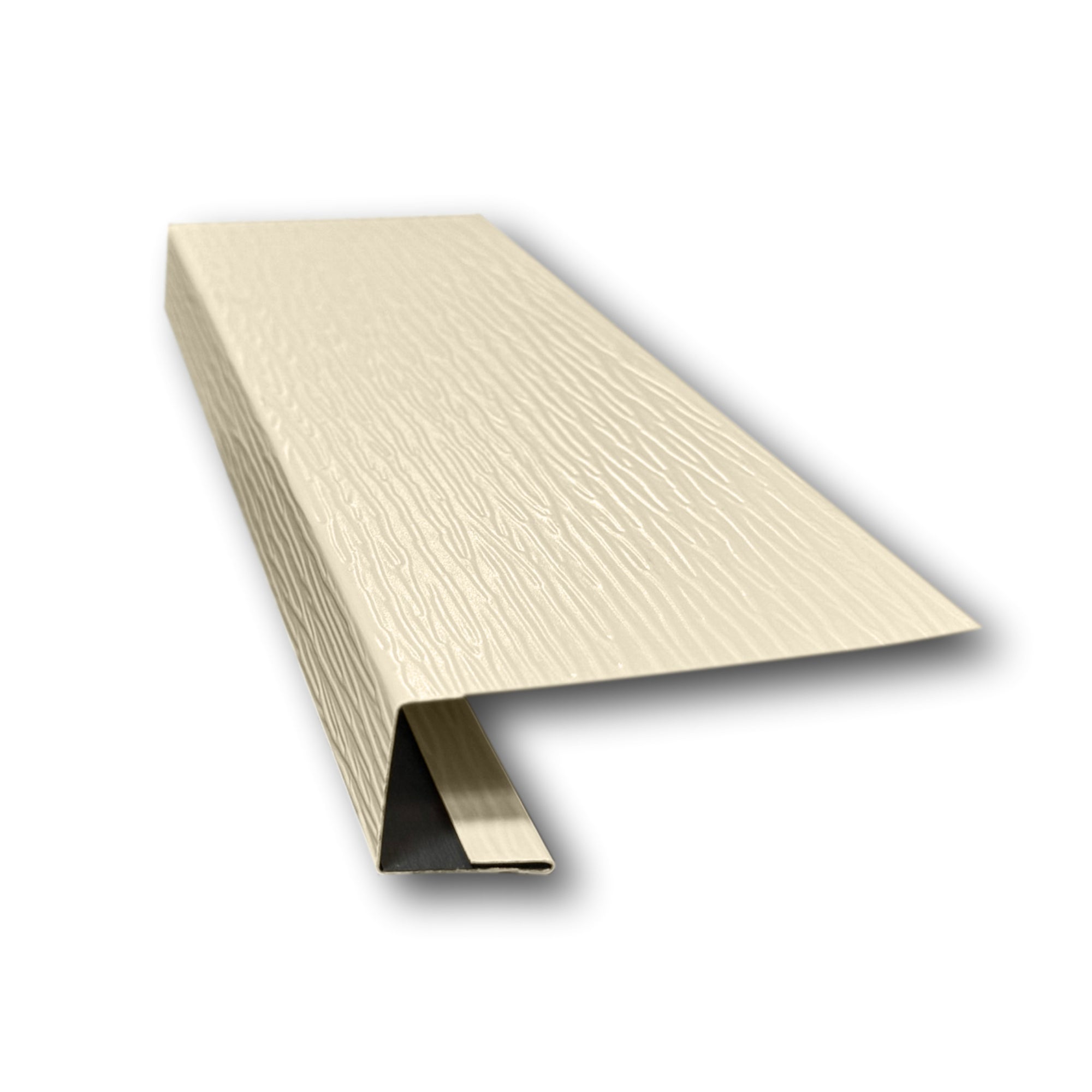 A piece of Aluminum J-Mold on a white background. The J-Mold has a Woodgrain Finish that is Almond in color.