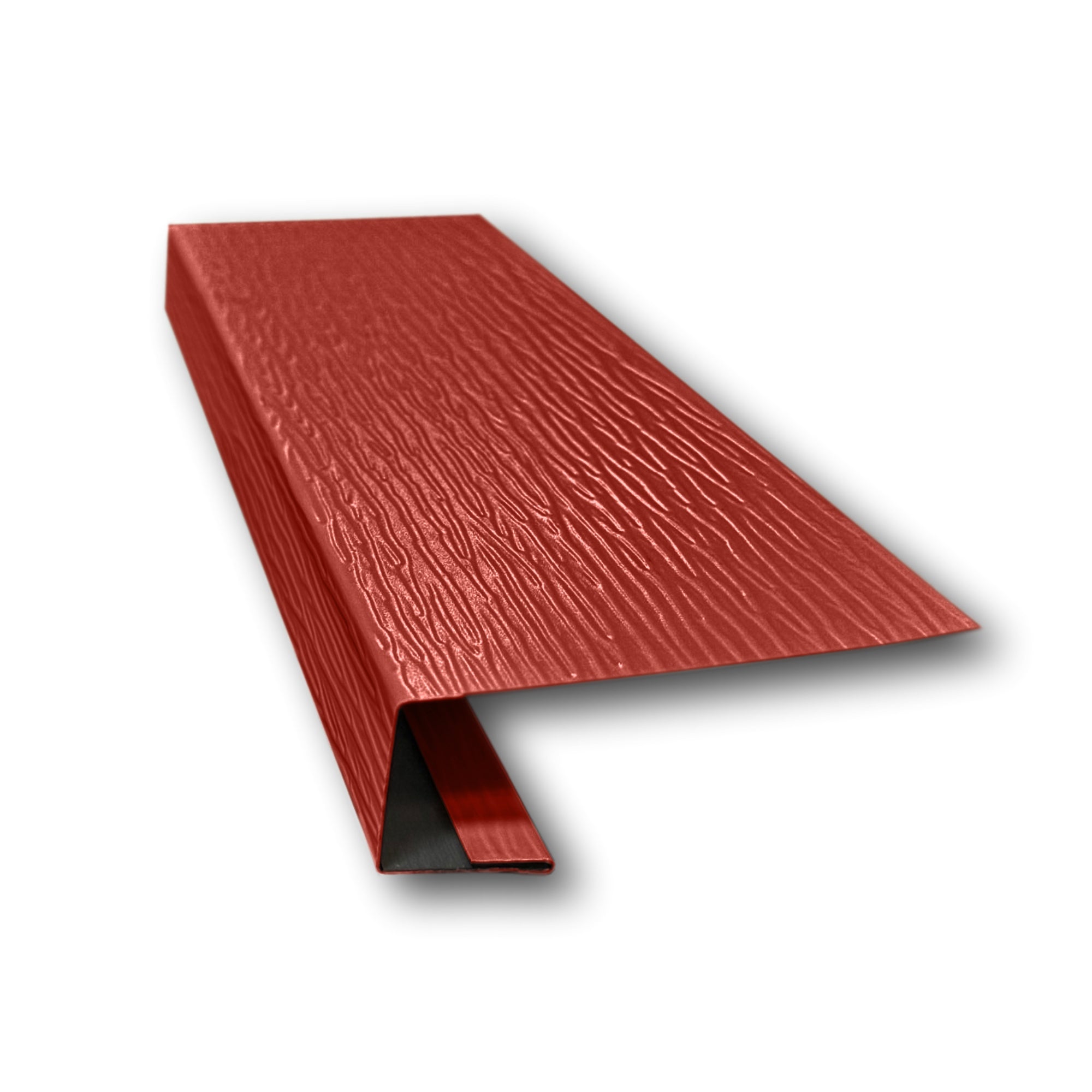 A piece of Aluminum J-Mold on a white background. The J-Mold has a Woodgrain Finish that is Lighthouse Red in color.