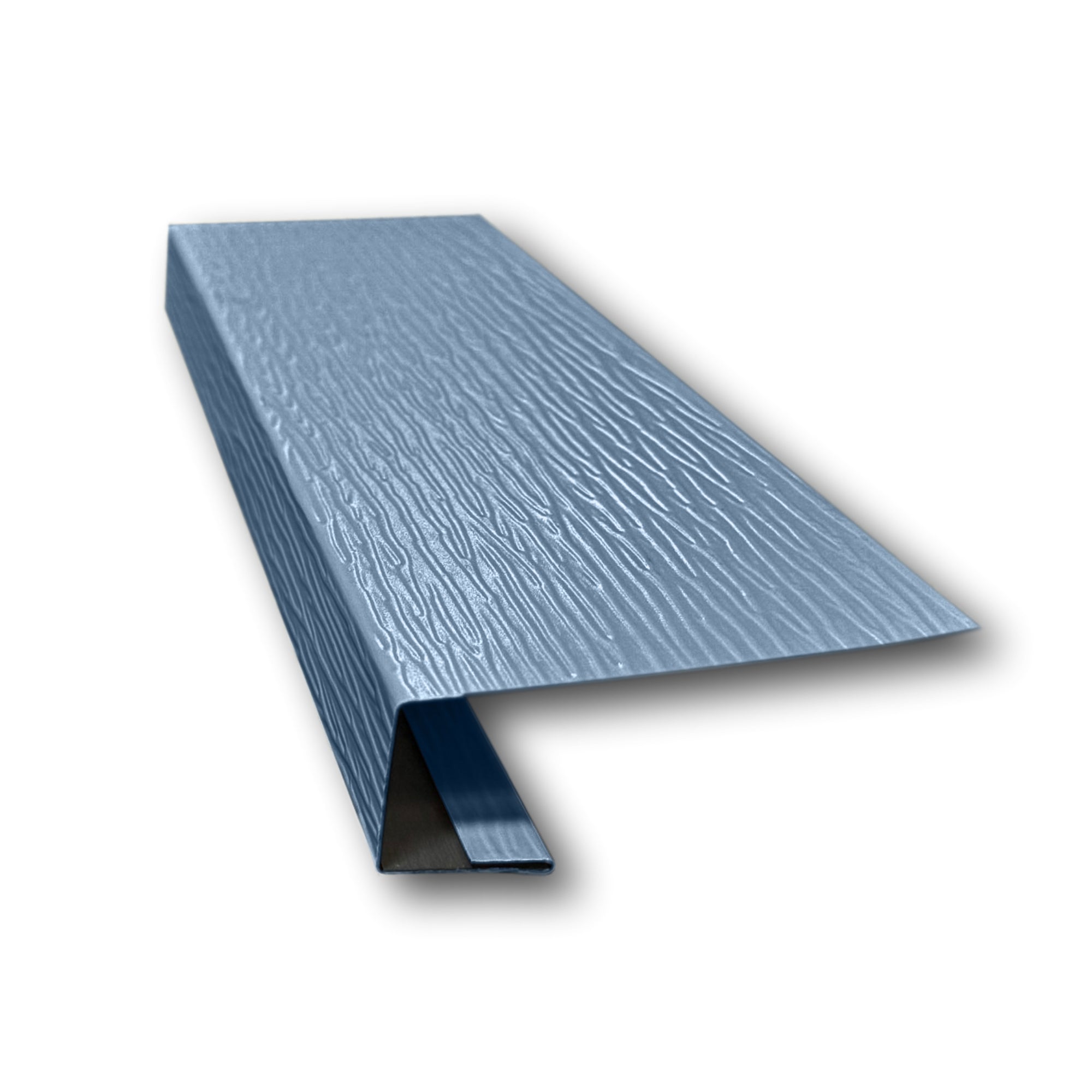 A piece of Aluminum J-Mold on a white background. The J-Mold has a Woodgrain Finish that is Polaris Blue in color.